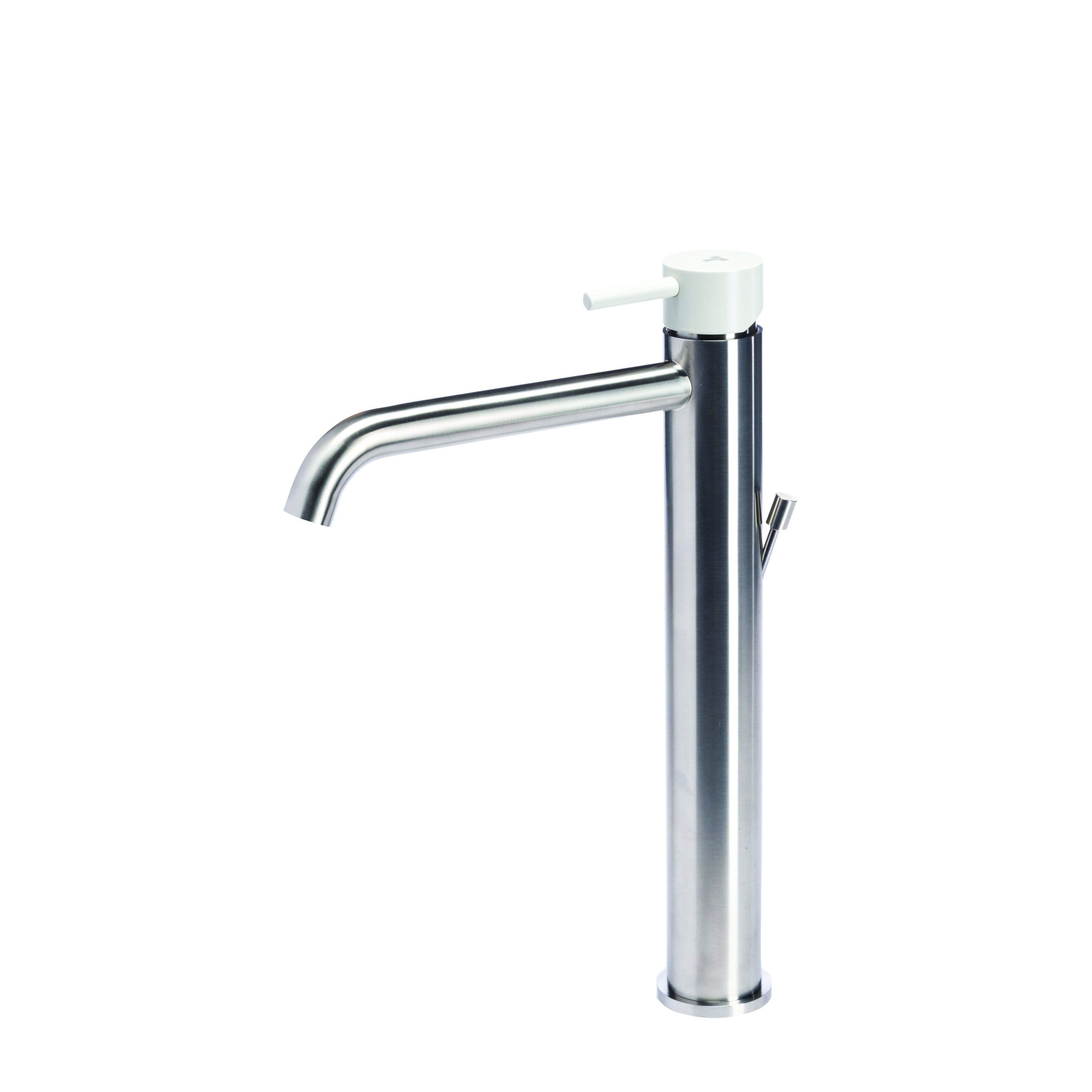 Rubinetto miscelatore Lavabo Alto con scarico in acciaio inox Finitura Spazzolata con Maniglia color Perla Tubico Colorado by CeramicStore | Lo specialista del tuo bagno