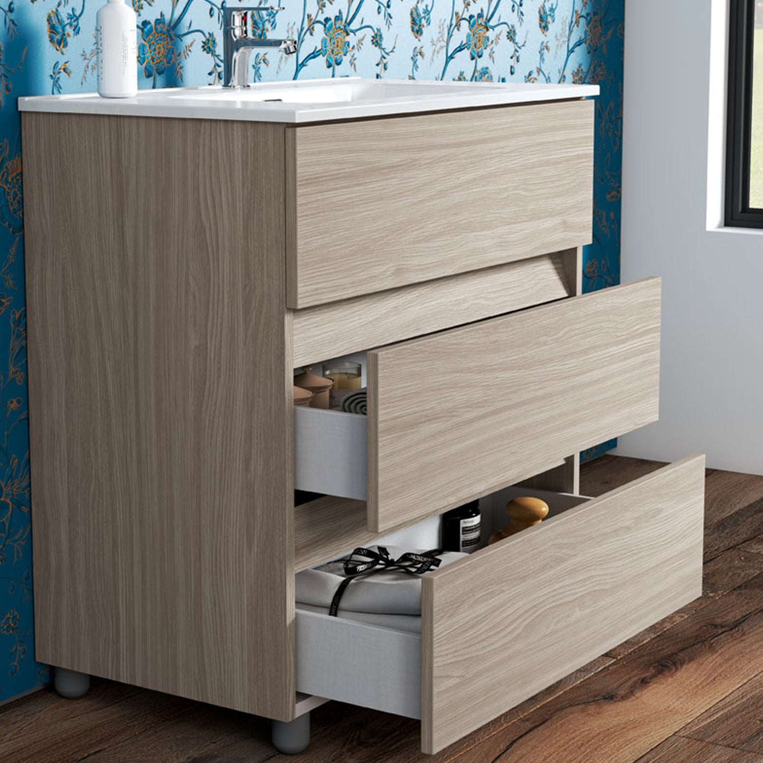 Composizione bagno con lavabo specchio e colonna modello KoraXL01 110 cm Olmo Rousseau by CeramicStore | Lo specialista del tuo bagno