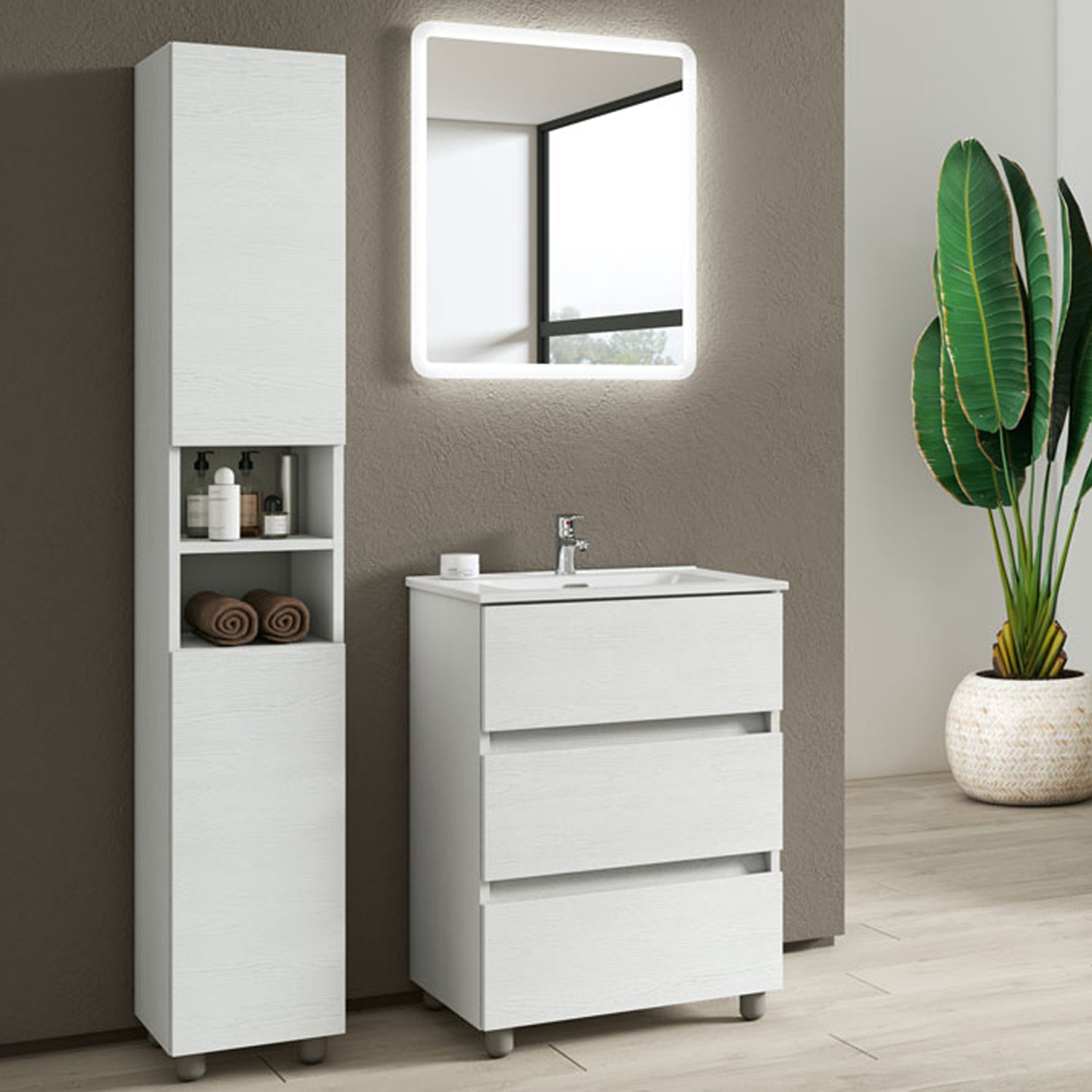 Composizione bagno con lavabo specchio retroilluminato e colonna modello KoraXL02 90 cm Bianco Frassinato by CeramicStore | Lo specialista del tuo bagno
