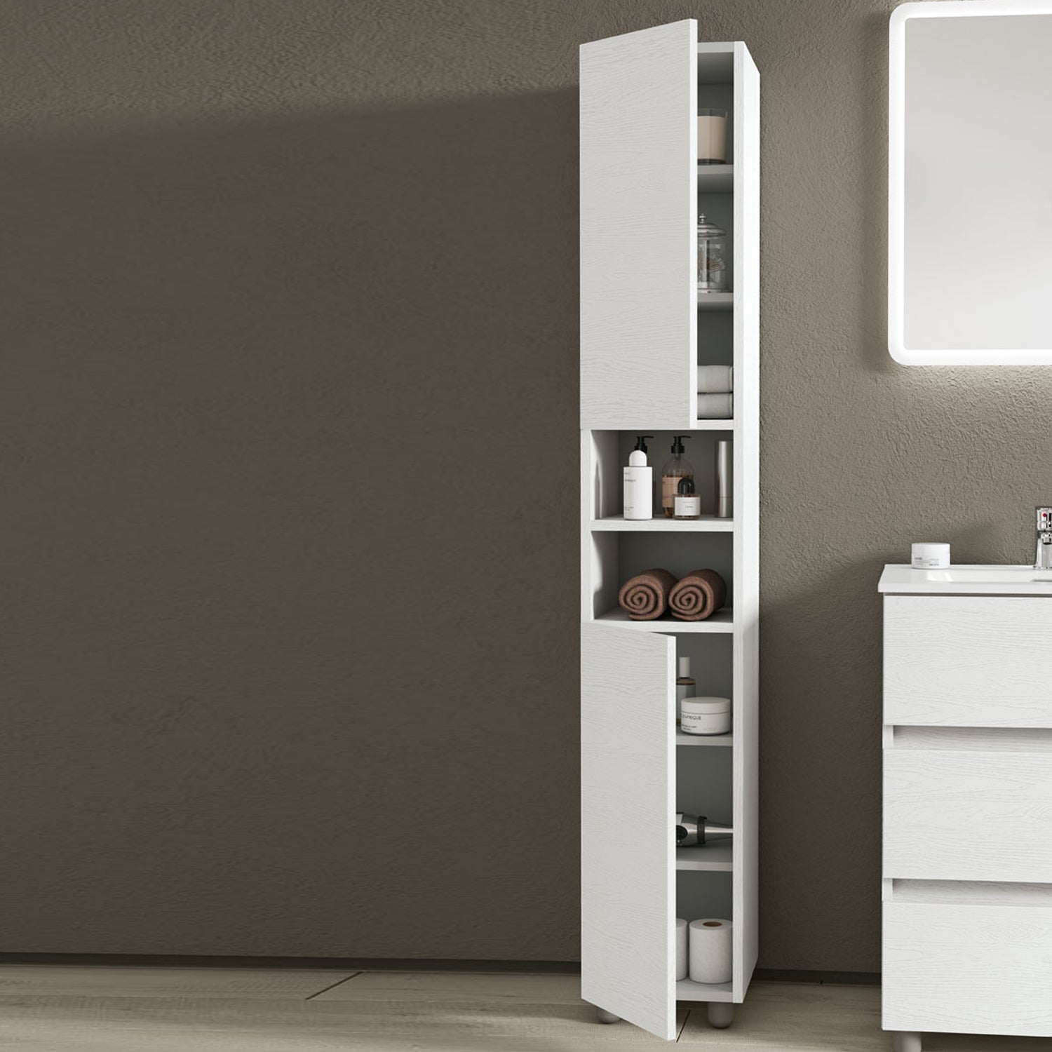 Composizione bagno con lavabo specchio retroilluminato e colonna modello KoraXL02 90 cm Bianco Frassinato by CeramicStore | Lo specialista del tuo bagno
