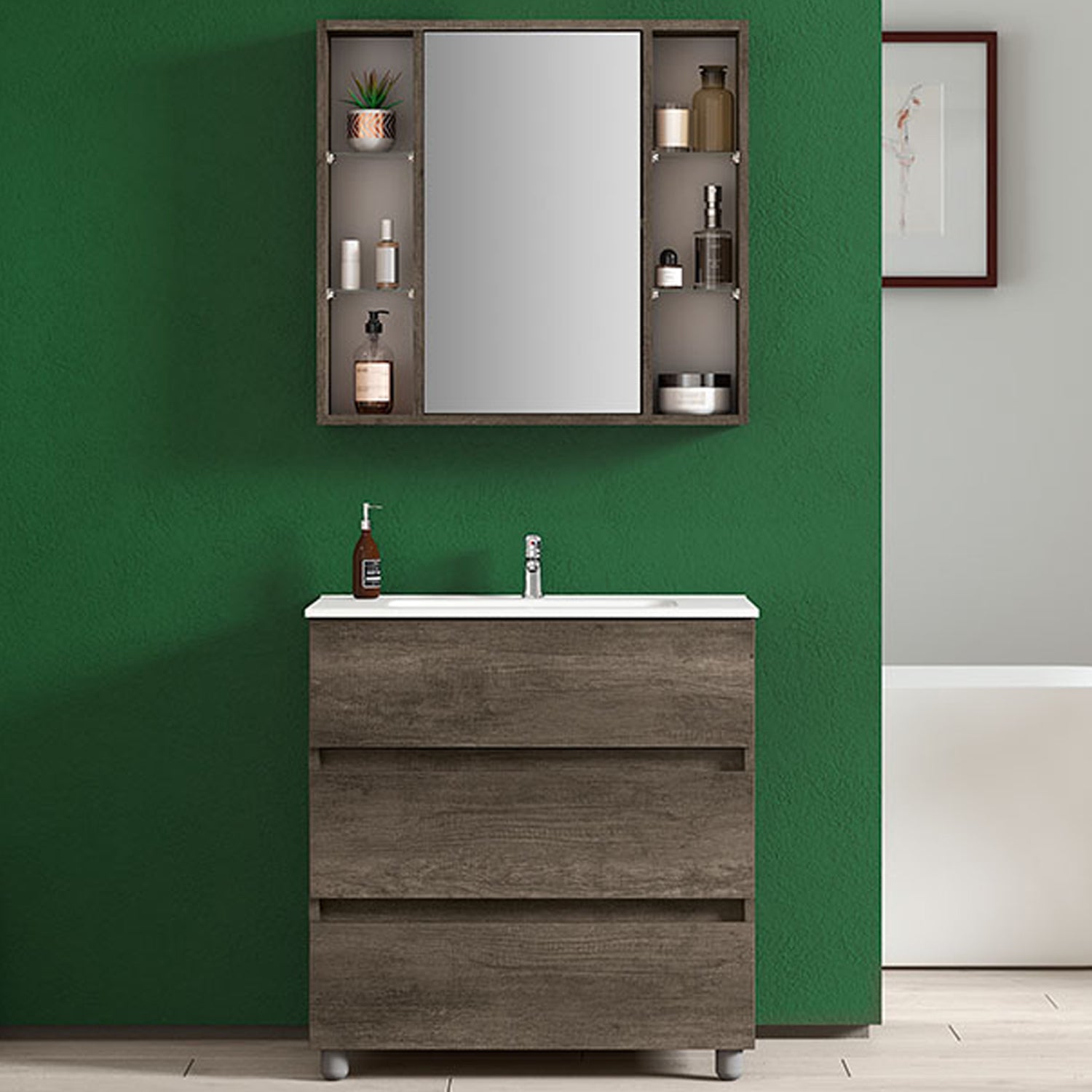 Composizione bagno con lavabo e specchio contenitore modello KoraXL04 80 cm Rovere Scuro by CeramicStore | Lo specialista del tuo bagno