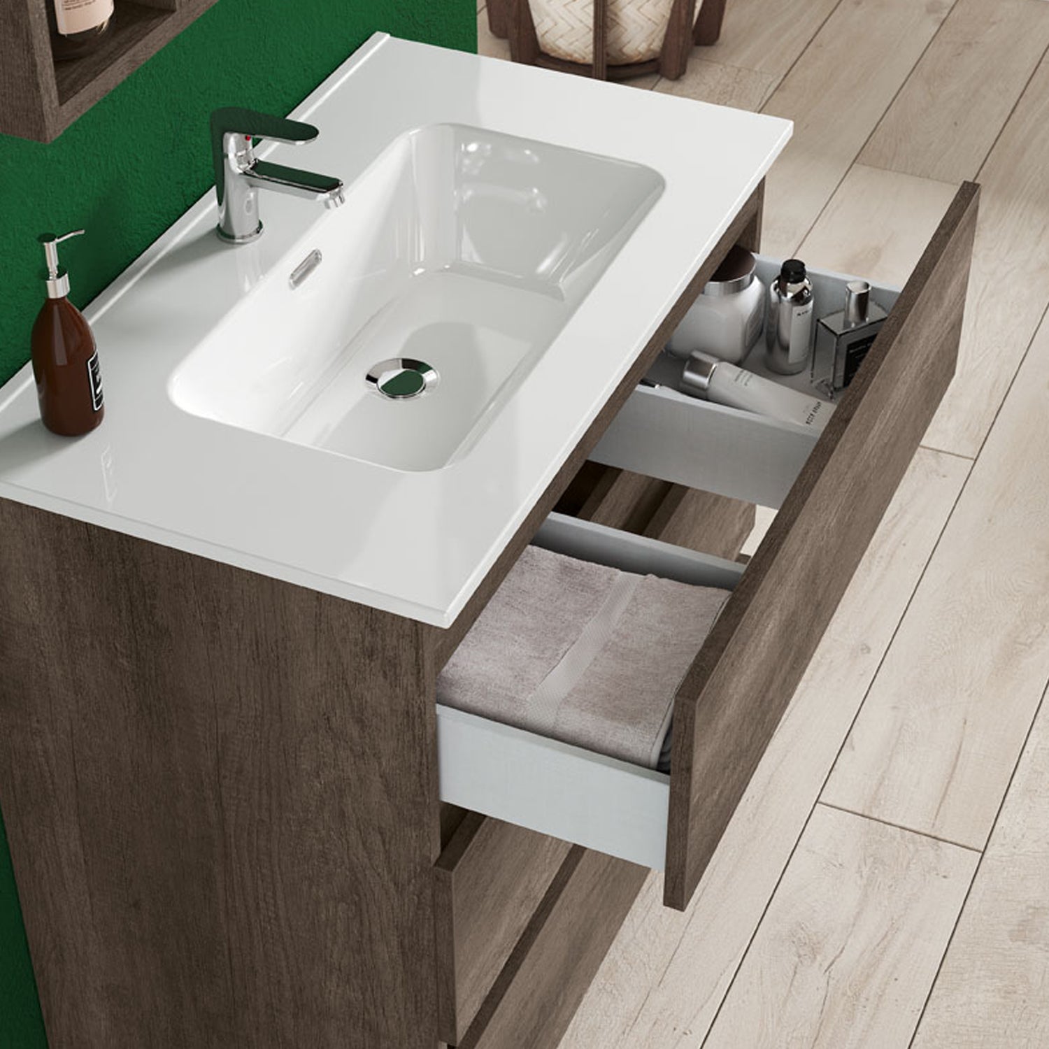 Composizione bagno con lavabo e specchio contenitore modello KoraXL04 80 cm Rovere Scuro by CeramicStore | Lo specialista del tuo bagno