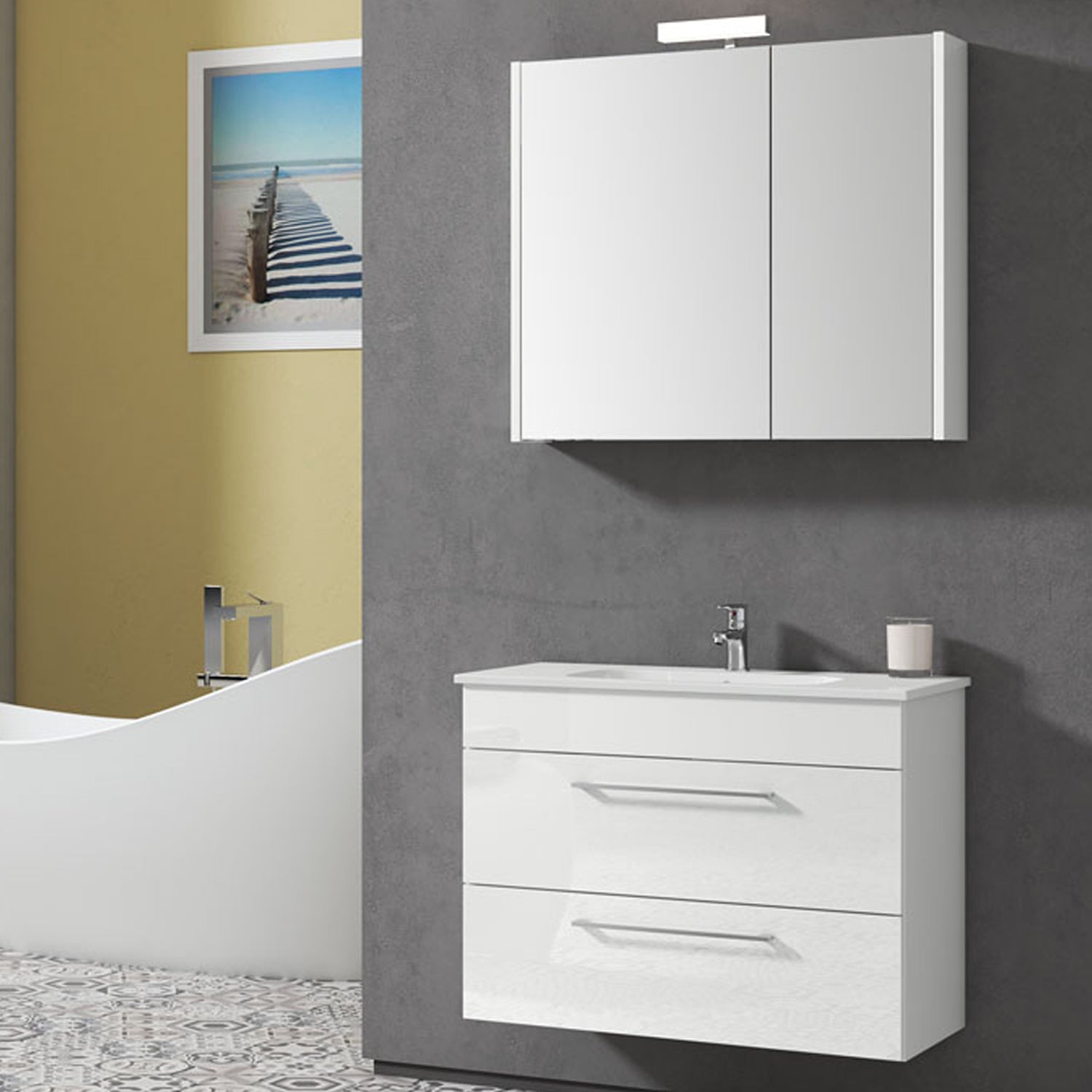 Mobile bagno sospeso con lavabo e specchio contenitore illuminato color Bianco Lucido modello Gio' 03 80 cm by CeramicStore | Lo specialista del tuo bagno