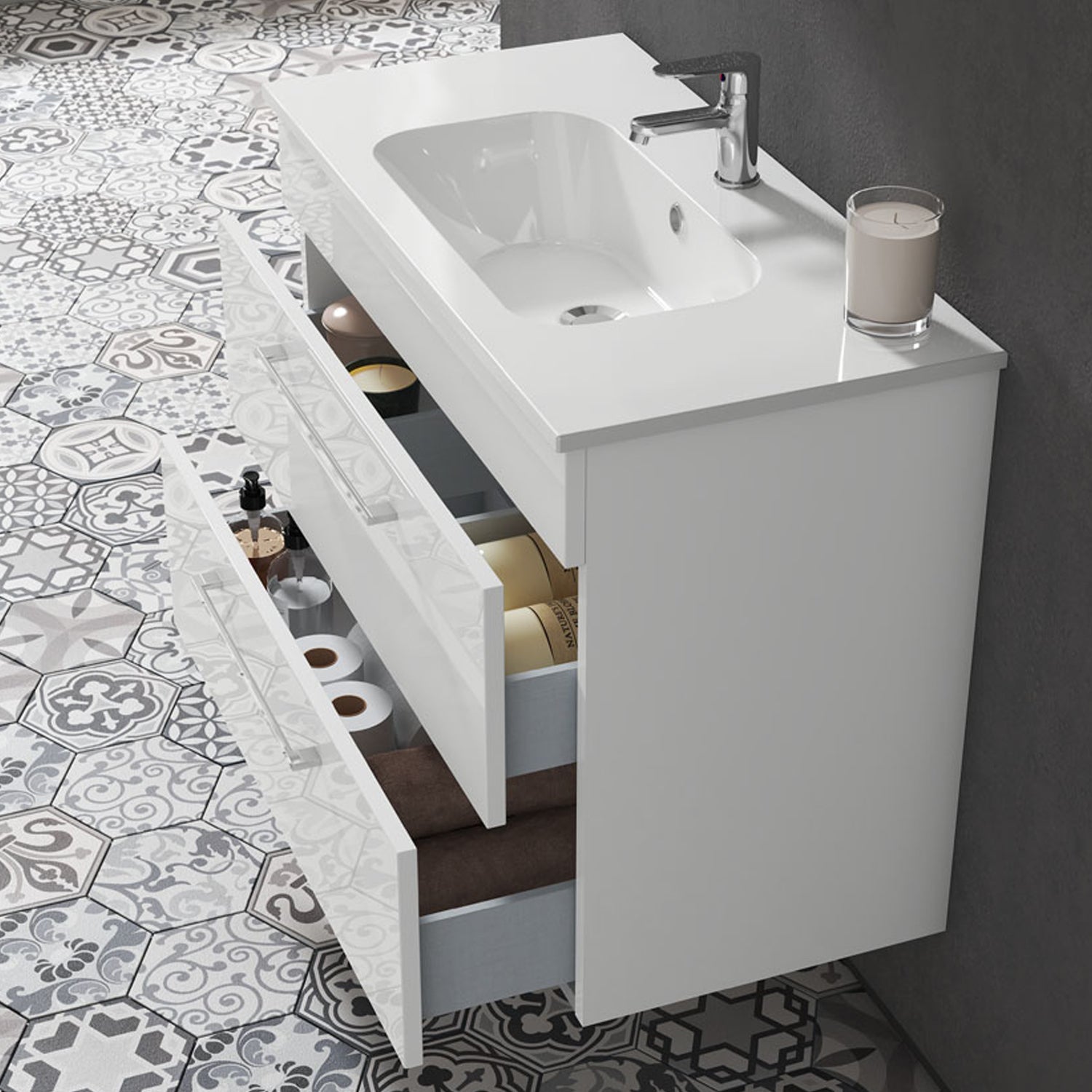Mobile bagno sospeso con lavabo e specchio contenitore illuminato color Bianco Lucido modello Gio' 03 80 cm by CeramicStore | Lo specialista del tuo bagno
