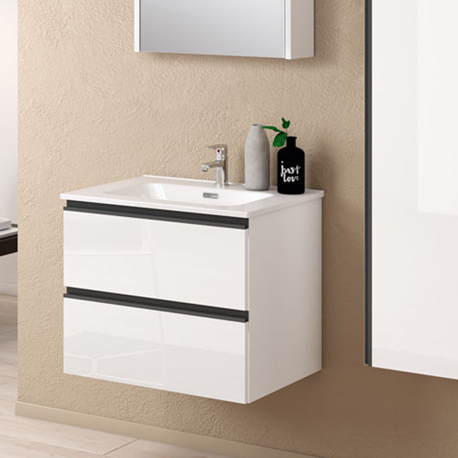 Composizione bagno sospesa con lavabo colonna e specchio contenitore modello York06 100 cm Bianco Lucido by CeramicStore | Lo specialista del tuo bagno