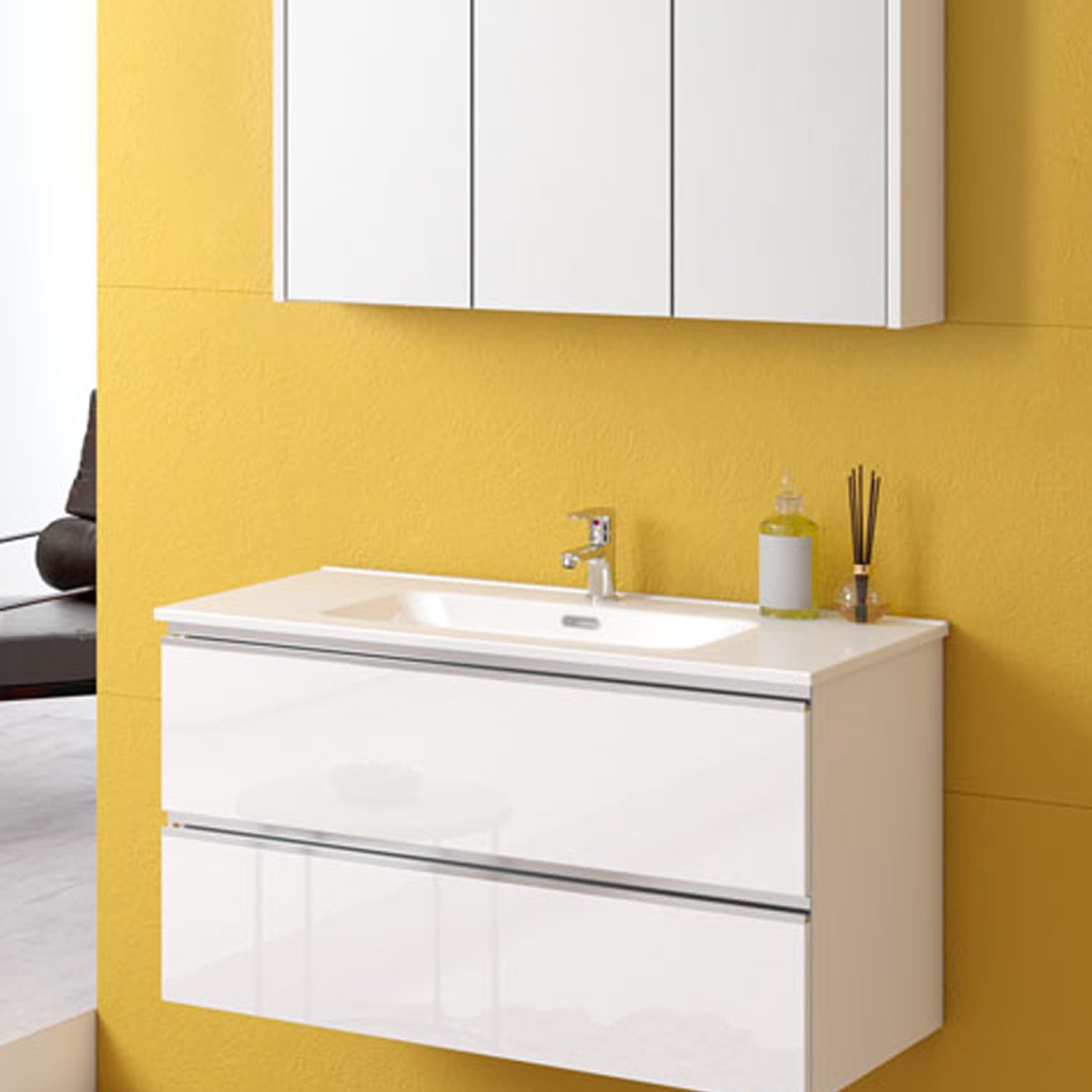 Composizione bagno sospesa con lavabo e specchio contenitore modello York09 90 cm Bianco Lucido by CeramicStore | Lo specialista del tuo bagno