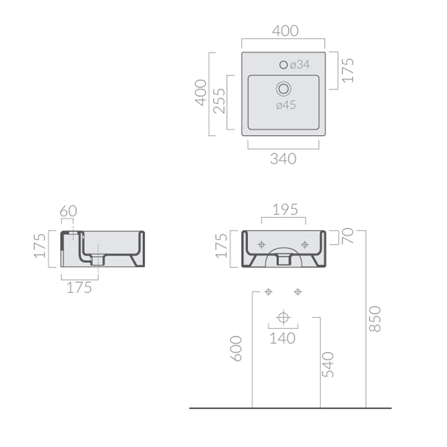 Lavabo 40x40 cm sospeso o da appoggio senza foro €“ Bianco