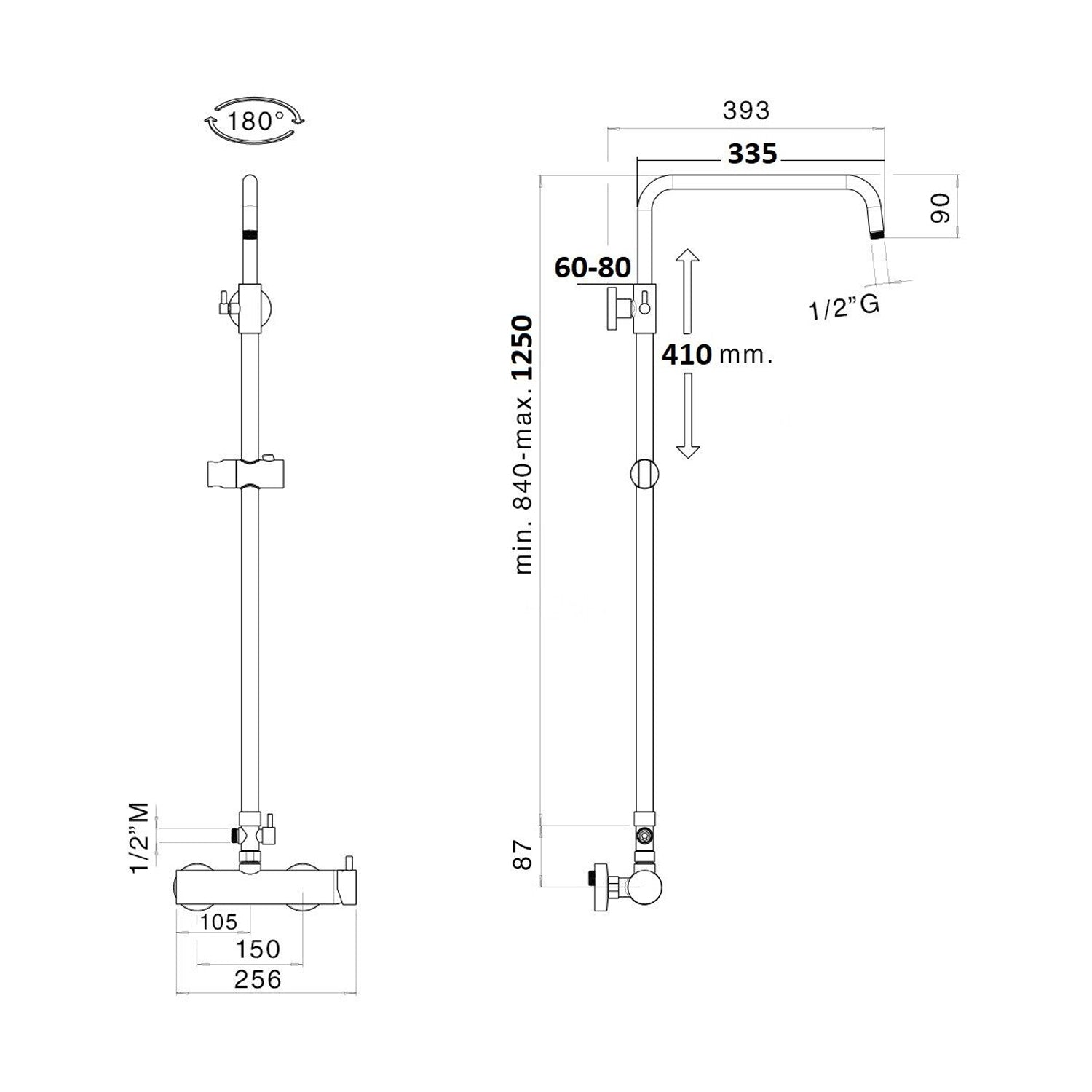 Colonna doccia nero orientabile con soffione 20cm, doccino e miscelatore MX3C