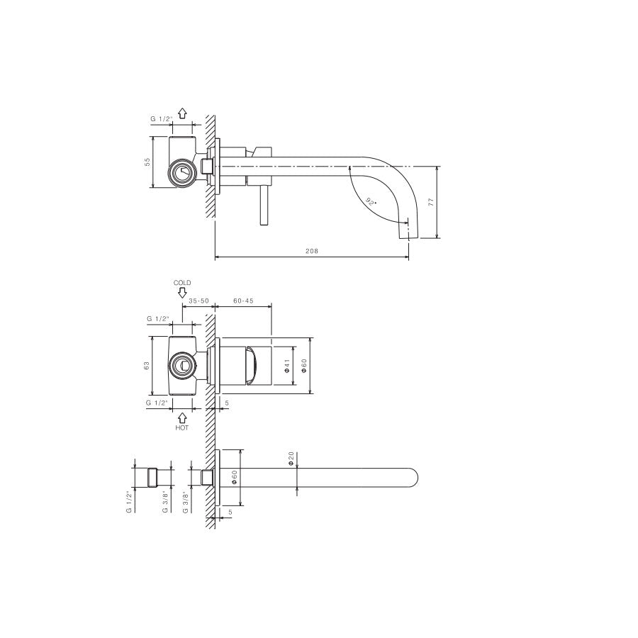 Rubinetto miscelatore Lavabo a Parete con canna di erogazione da 20 cm in acciaio inox Finitura Spazzolata con Maniglia colore Deserto Tubico Colorado by CeramicStore | Lo specialista del tuo bagno
