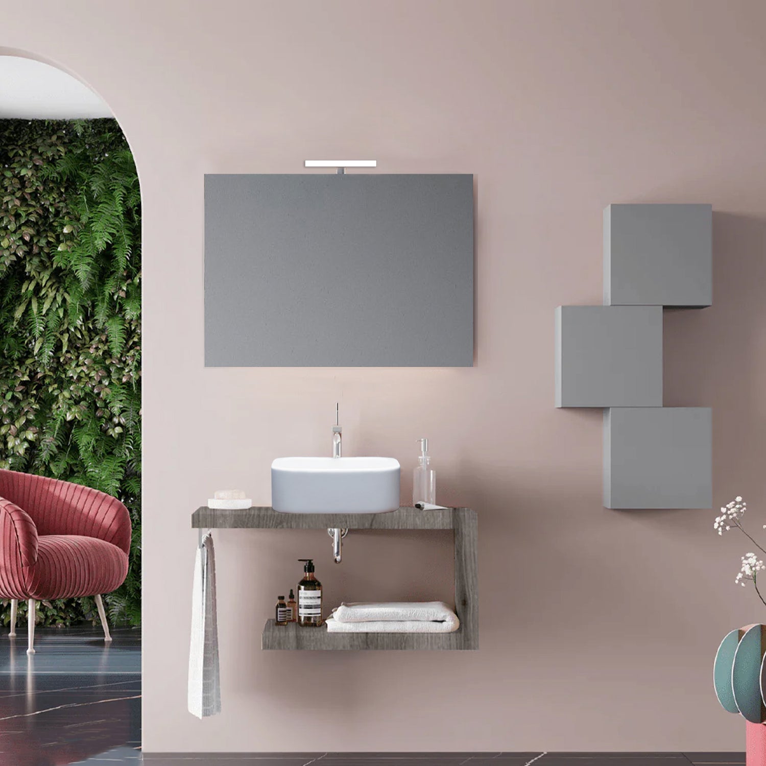 Mobile bagno a giorno con lavabo in ceramica cm 80 rovere fossile- Cubi&Co modello Destiny con specchio e lampada by CeramicStore | Lo specialista del tuo bagno