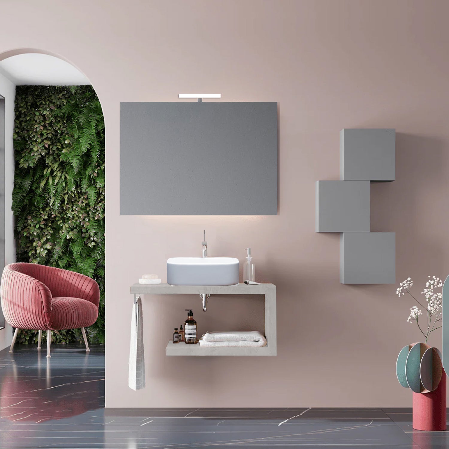 Mobile bagno a giorno con lavabo d'appoggio cm 80 Beton - Cubi&Co modello Destiny con specchio e lampada by CeramicStore | Lo specialista del tuo bagno