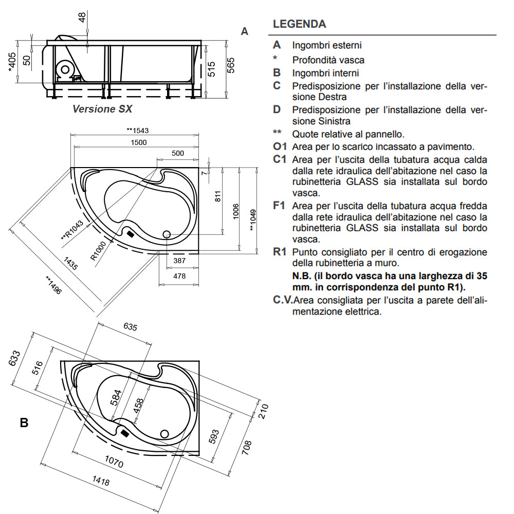Vasca Bagno asimmetrica Grace con idromassaggio in acrilico e Abs cm 150x100- Versione Sinistra by CeramicStore | Lo specialista del tuo bagno