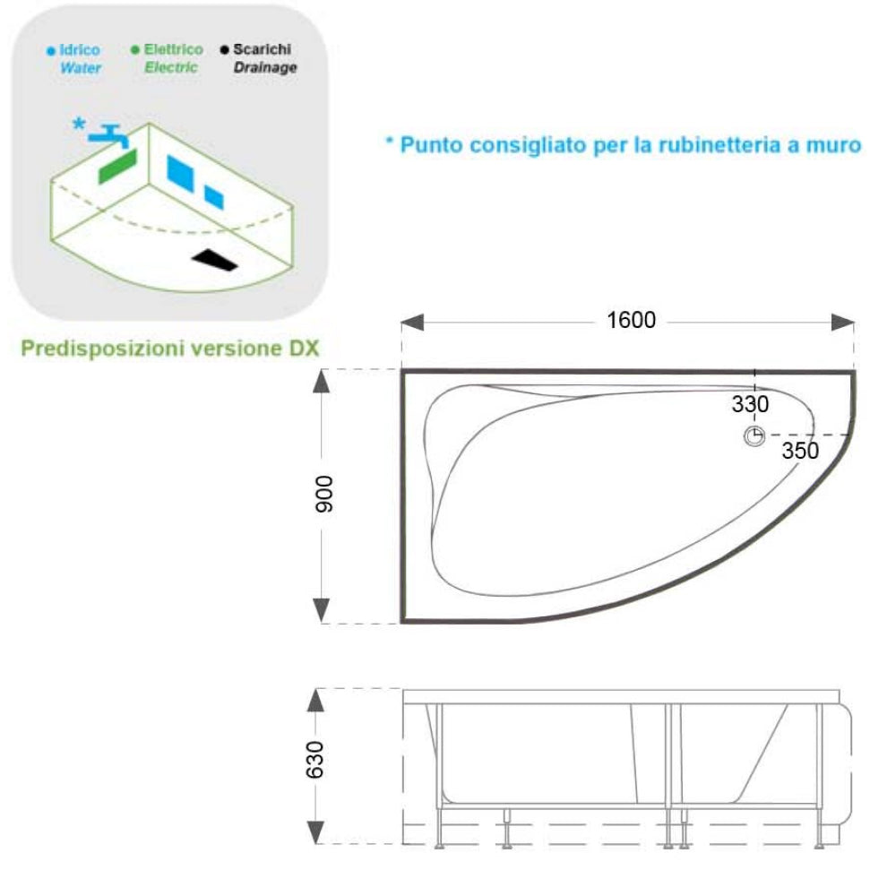 Vasca Idromassaggio asimmetrica Fatima in acrilico e Abs cm 160x90- Versione Destra by CeramicStore | Lo specialista del tuo bagno