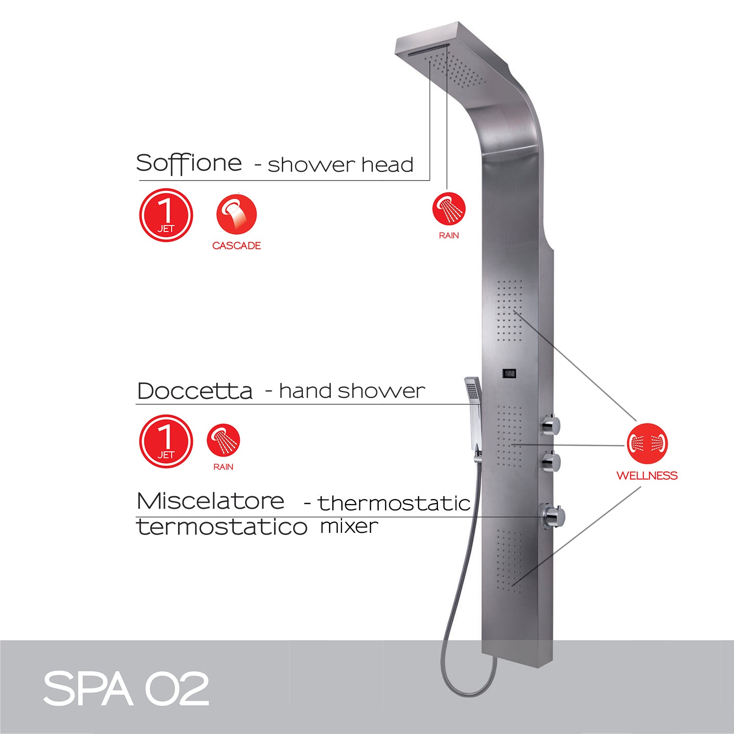 Pannello doccia multifunzione con miscelatore termostatico da cm 167 modello SPA 02 finitura inox - Spazzolato by CeramicStore | Lo specialista del tuo bagno