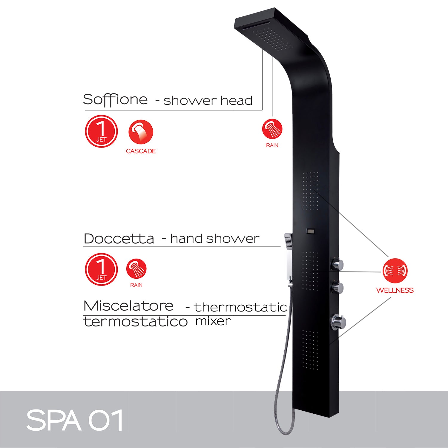 Pannello doccia multifunzione con miscelatore termostatico da cm 167 modello SPA 01 - Nero by CeramicStore | Lo specialista del tuo bagno