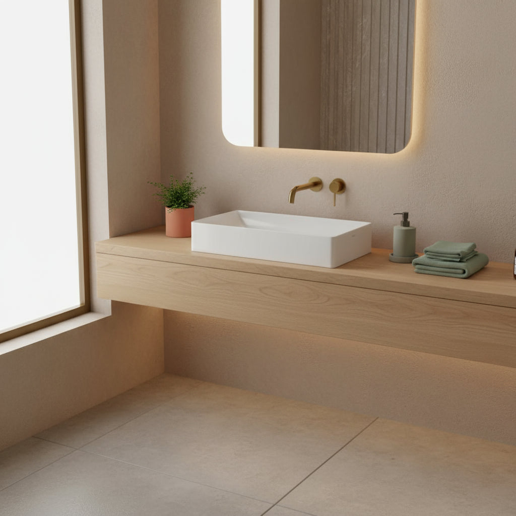 Raffinato lavabo da appoggio di Globo in ceramica bianca lucida. Modello T-EDGE 50x37 cm