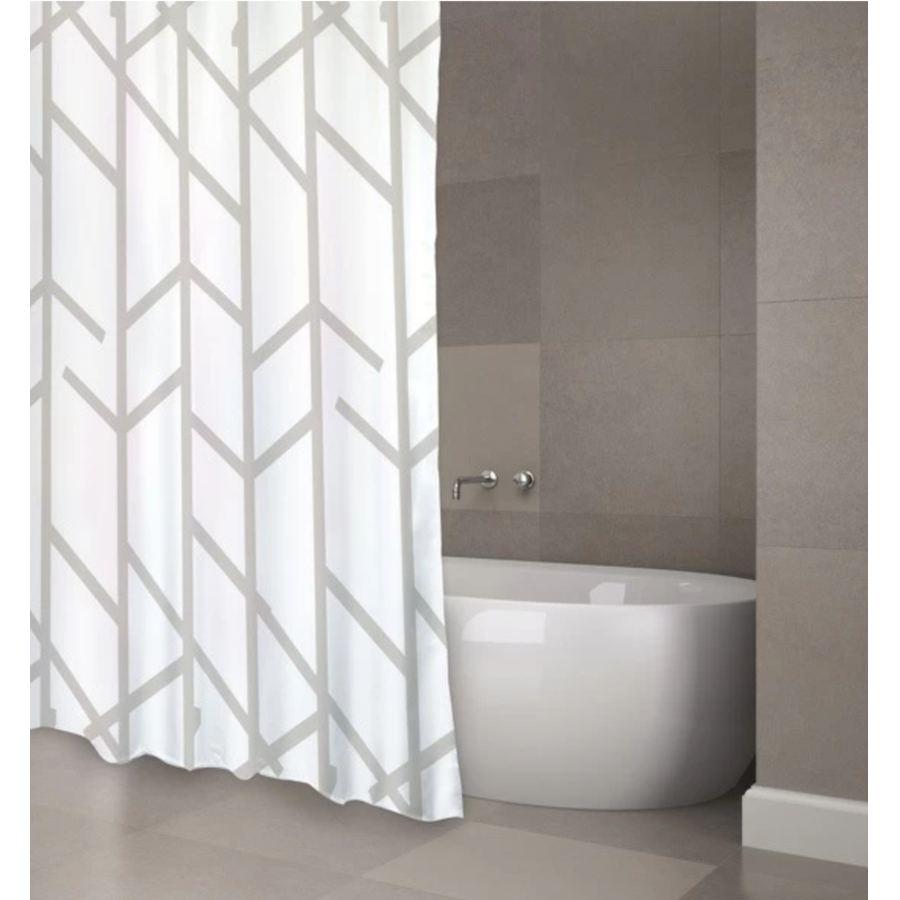 Tenda da doccia anti-muffa in poliestere 100% Taupe e bianco collezione ARBRE by CeramicStore | Lo specialista del tuo bagno