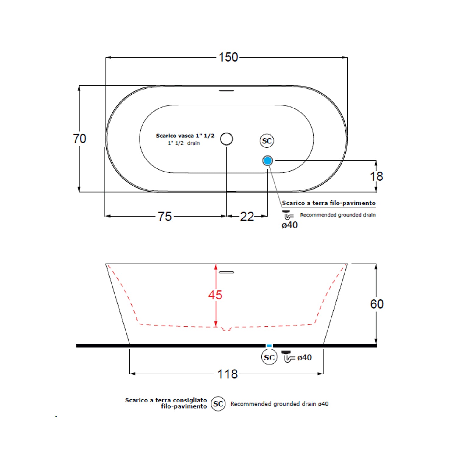Vasca da bagno modello Inka 150x70cm in acrilico bianco opaco by CeramicStore | Lo specialista del tuo bagno