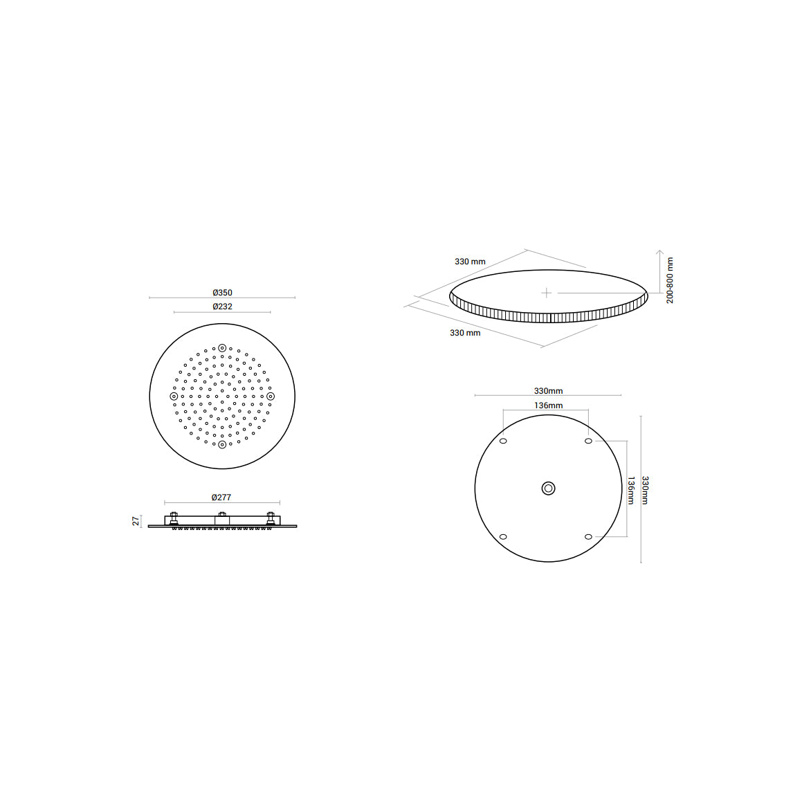 Soffione doccia ad incasso tondo diametro 35 cm in acciaio inox spessore 2 mm con kit di installazione by CeramicStore | Lo specialista del tuo bagno