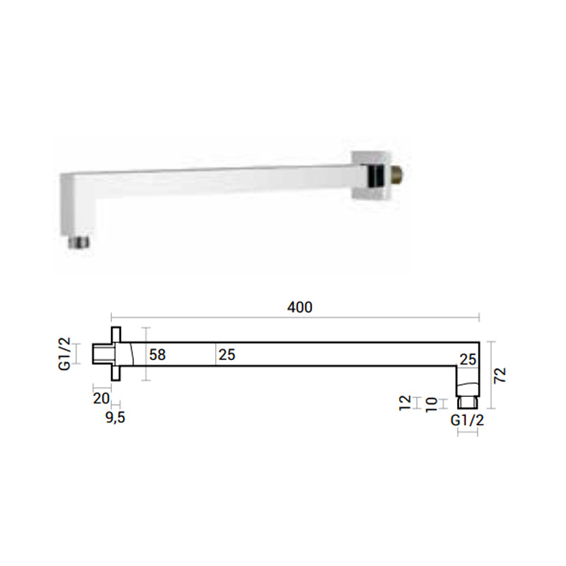 Braccio doccia quadro lungo 40 cm in ottone cromato lucido by CeramicStore | Lo specialista del tuo bagno