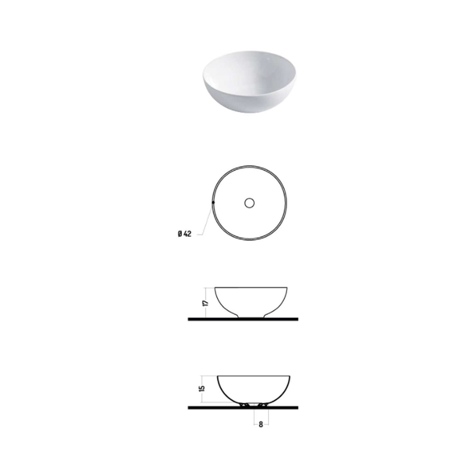 Lavabo da appoggio semisferico à˜42cm in ceramica bianca lucida serie Slim Disegno-Ceramica