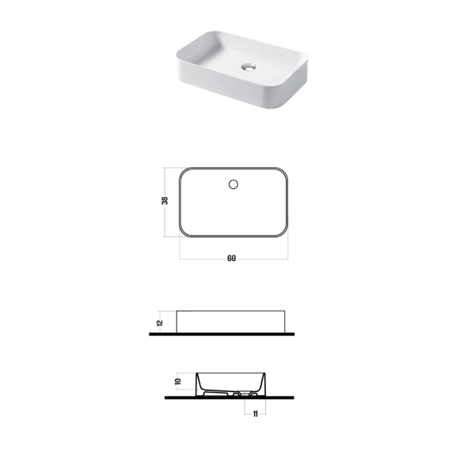 Lavabo da appoggio rettangolare 60x38cm in ceramica bianca lucida serie Slim Disegno-Ceramica