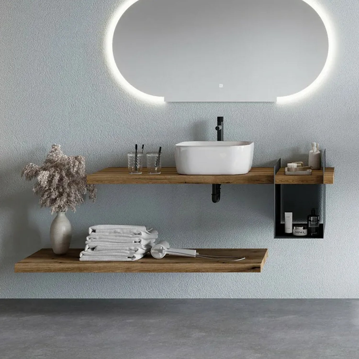 Mobile bagno a giorno con mensole 120 cm rovere naturale, lavabo d'appoggio e specchio led Cubi&Co Destiny 6 by CeramicStore | Lo specialista del tuo bagno