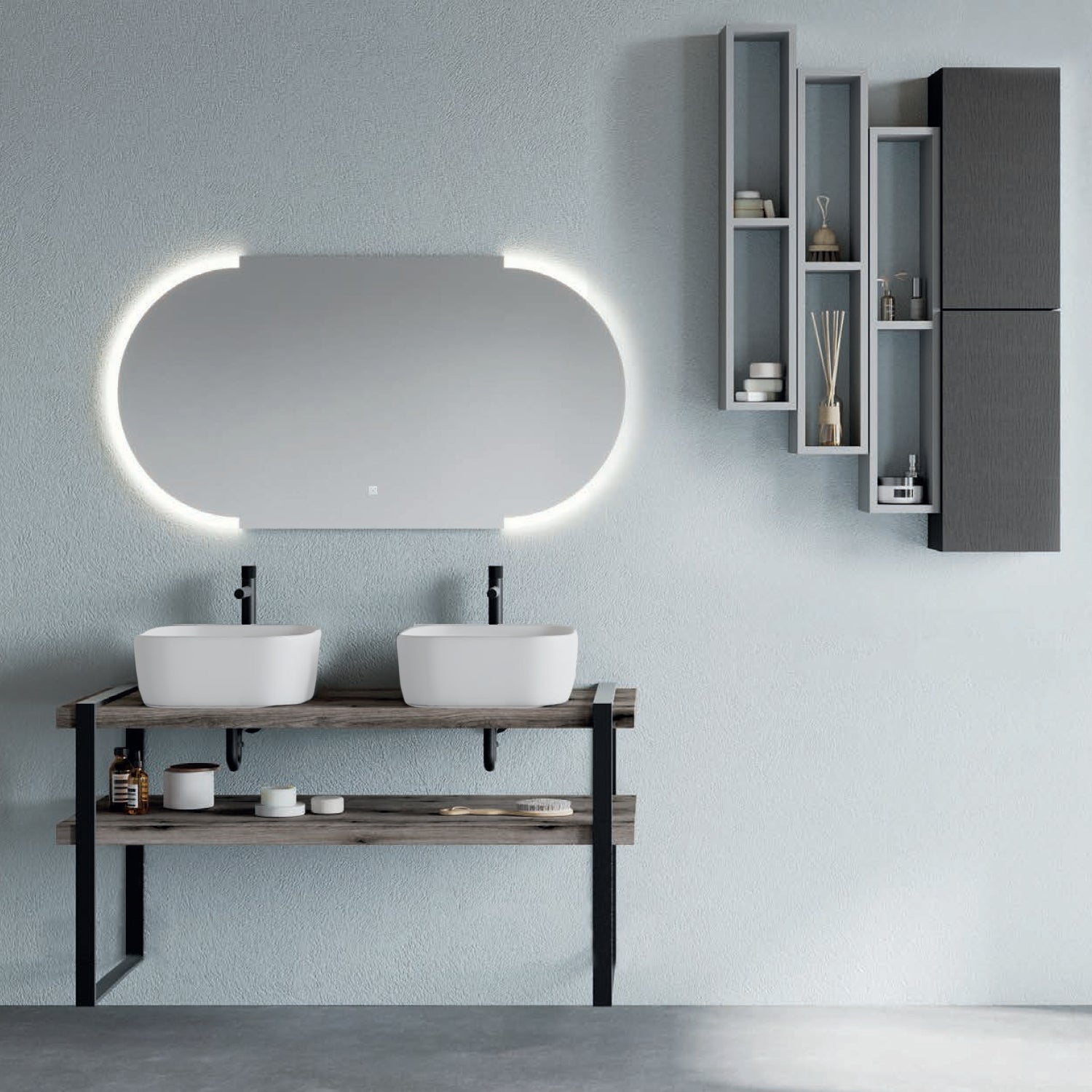 Mobile bagno sospeso doppio lavabo d'appoggio e specchio led con mensole rovere fossile Cubi&Co Destiny 8 by CeramicStore | Lo specialista del tuo bagno