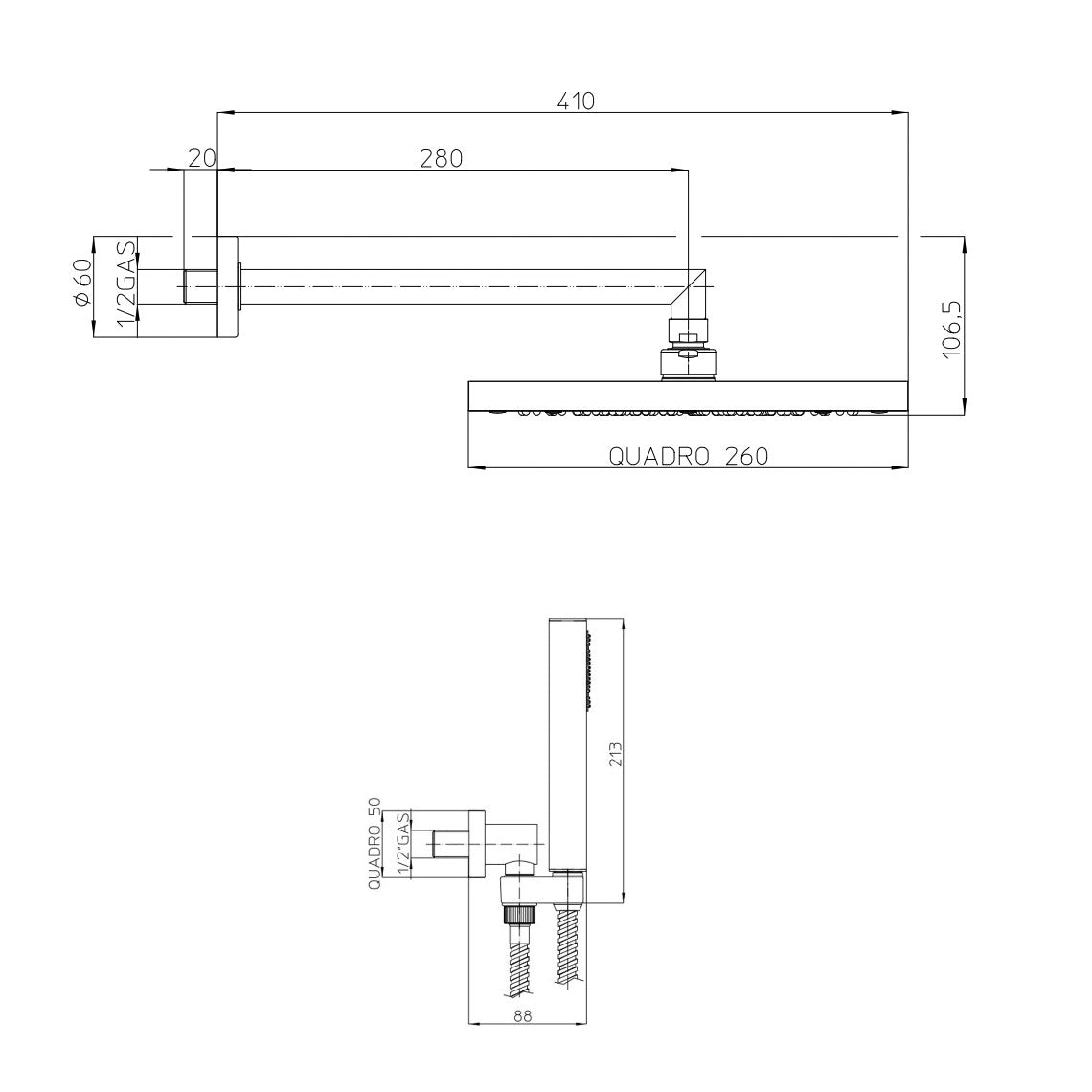 Composizione doccia Bossini con soffione quadrato 26X26, braccio doccia e kit duplex by CeramicStore | Lo specialista del tuo bagno