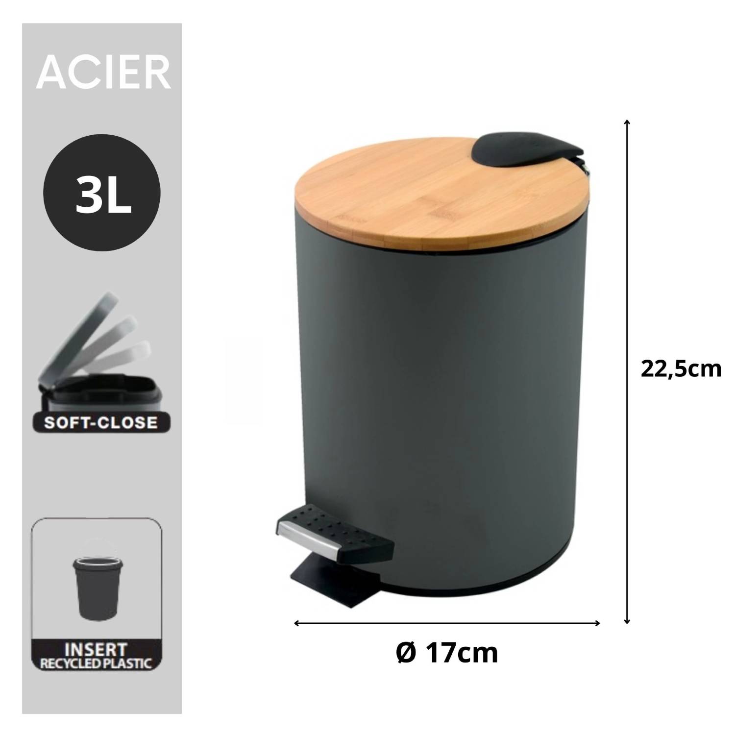 Pattumiera a pedale in acciaio e bamb๠modello Adonis capienza 3 litri colore grigio matto by CeramicStore | Lo specialista del tuo bagno