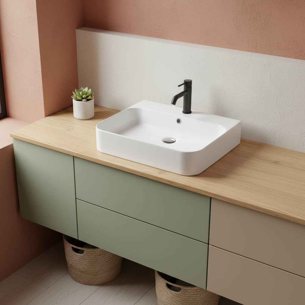 Lavabo da appoggio o sospeso in ceramica bianca lucida 60x48cm serie Slim Disegno ceramica