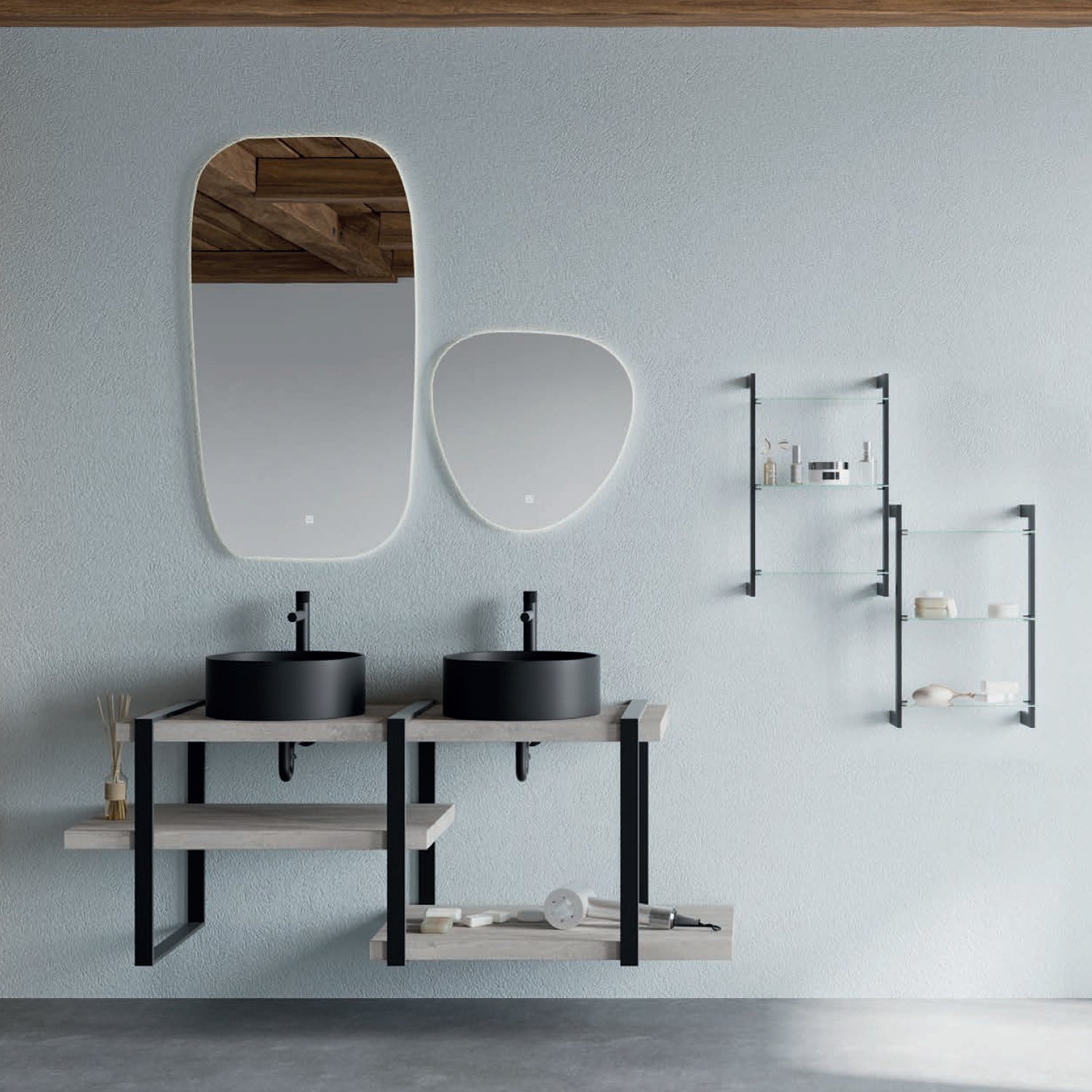 Mobile bagno sospeso doppio lavabo d'appoggio nero opaco e specchio led con mensole beton Cubi&Co Destiny 10 by CeramicStore | Lo specialista del tuo bagno