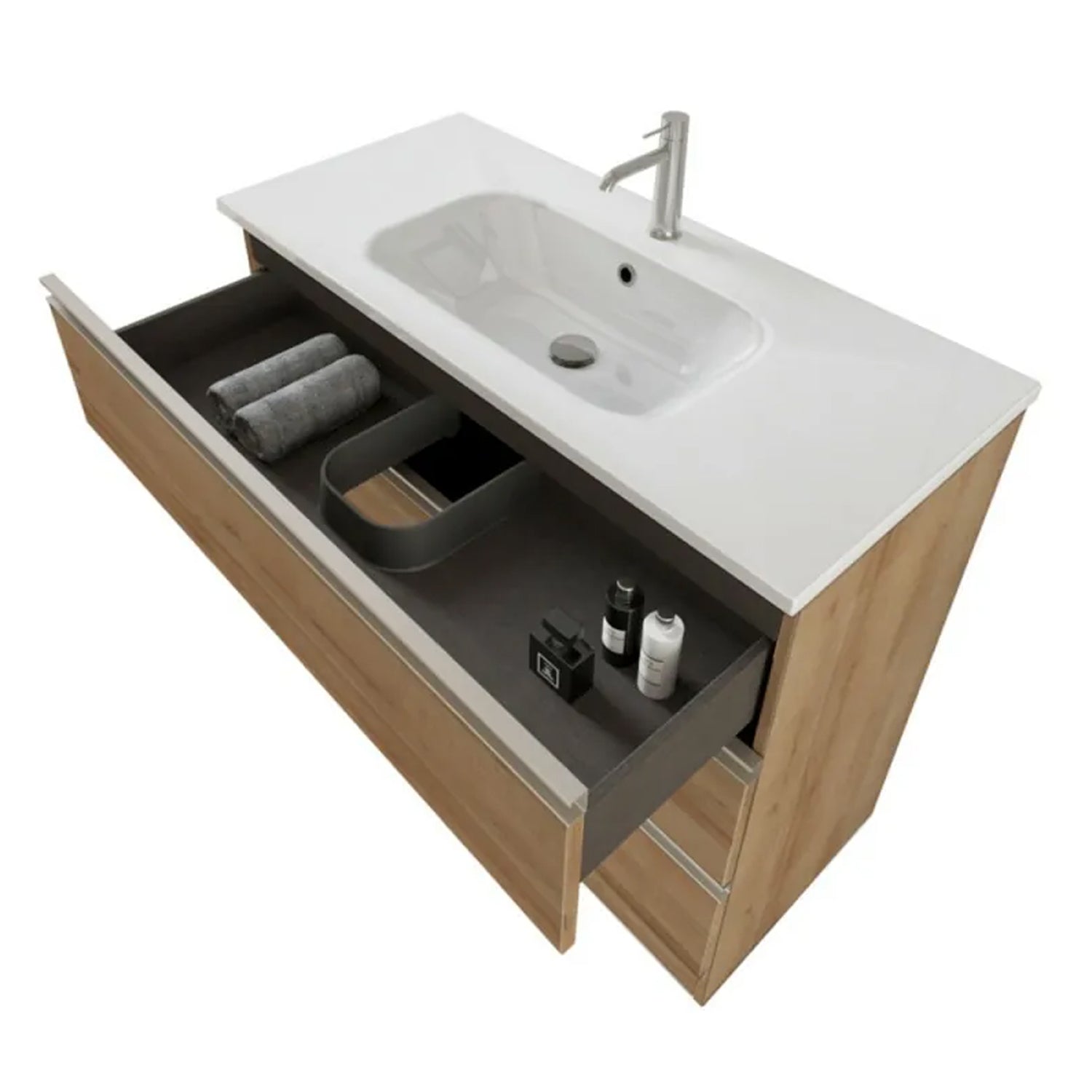 Composizione bagno sospesa Nexu 3 cassetti con lavabo specchio con lampada LED 100x90 cm - Rovere by CeramicStore | Lo specialista del tuo bagno