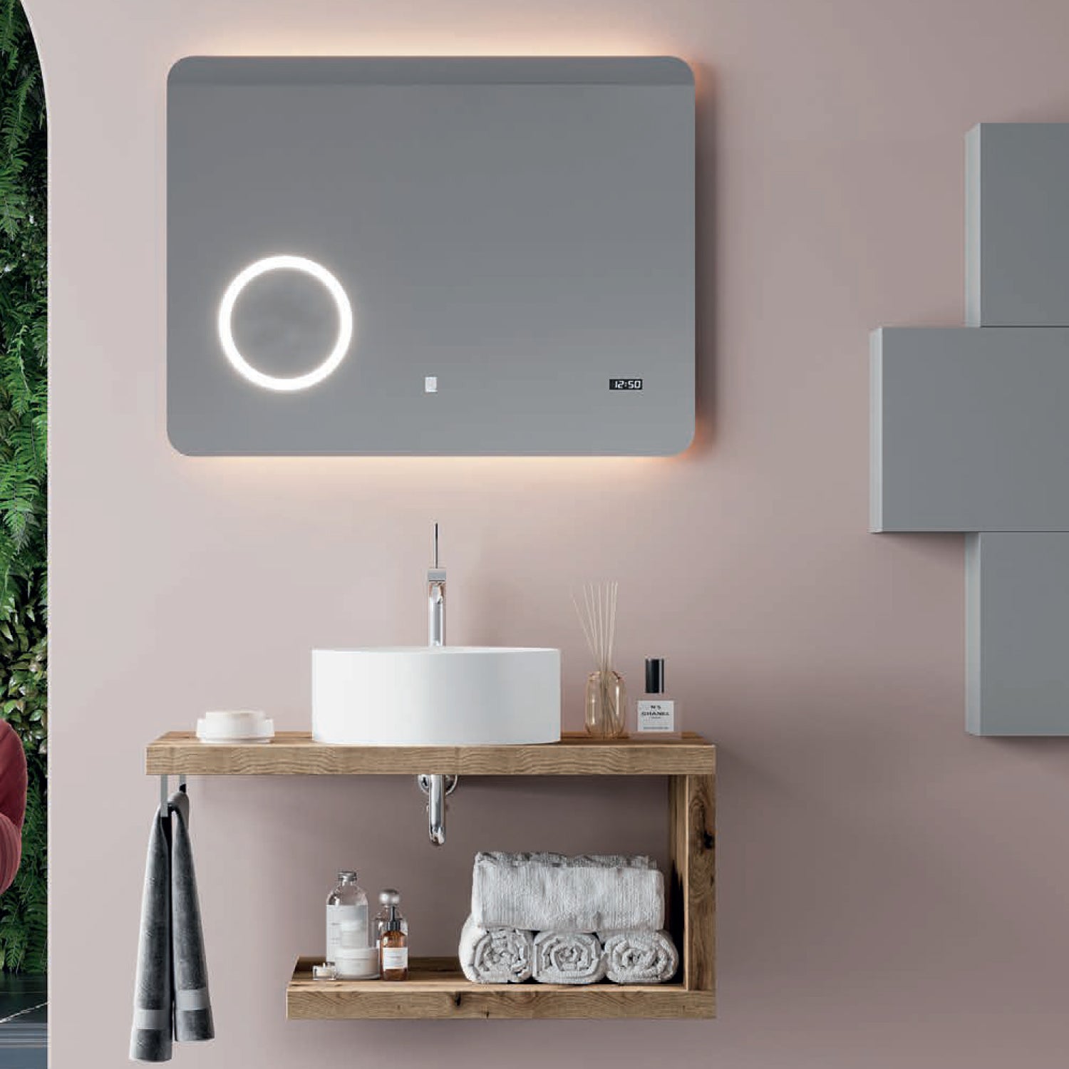 Mobile bagno a giorno con lavabo d'appoggio in ceramica e specchio touch cm 80 rovere naturale- Cubi&Co modello Destiny 1 by CeramicStore | Lo specialista del tuo bagno