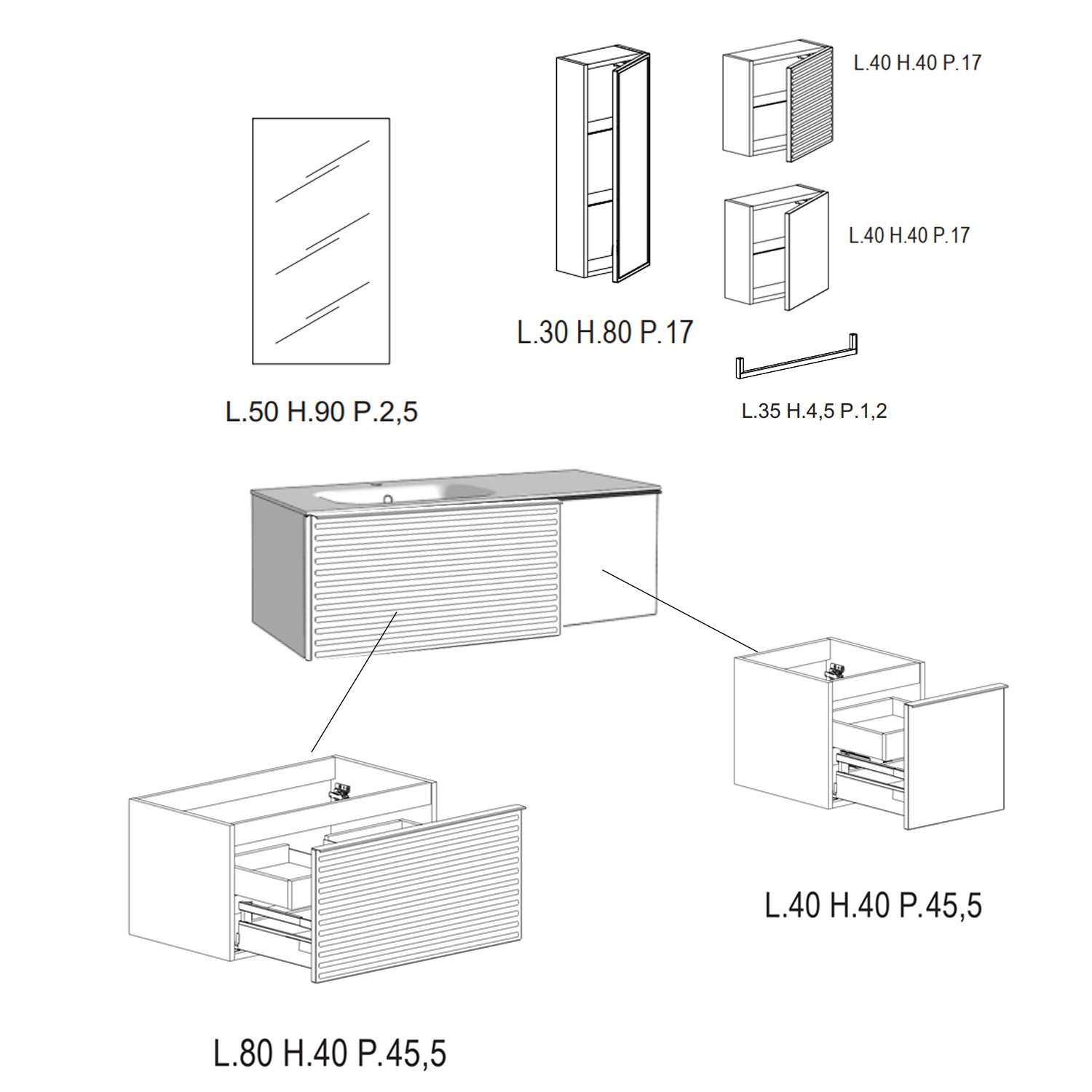 Composizione bagno sospesa con lavabo, specchio e pensili 120+70x200hx46 cm PIX1 by CeramicStore | Lo specialista del tuo bagno