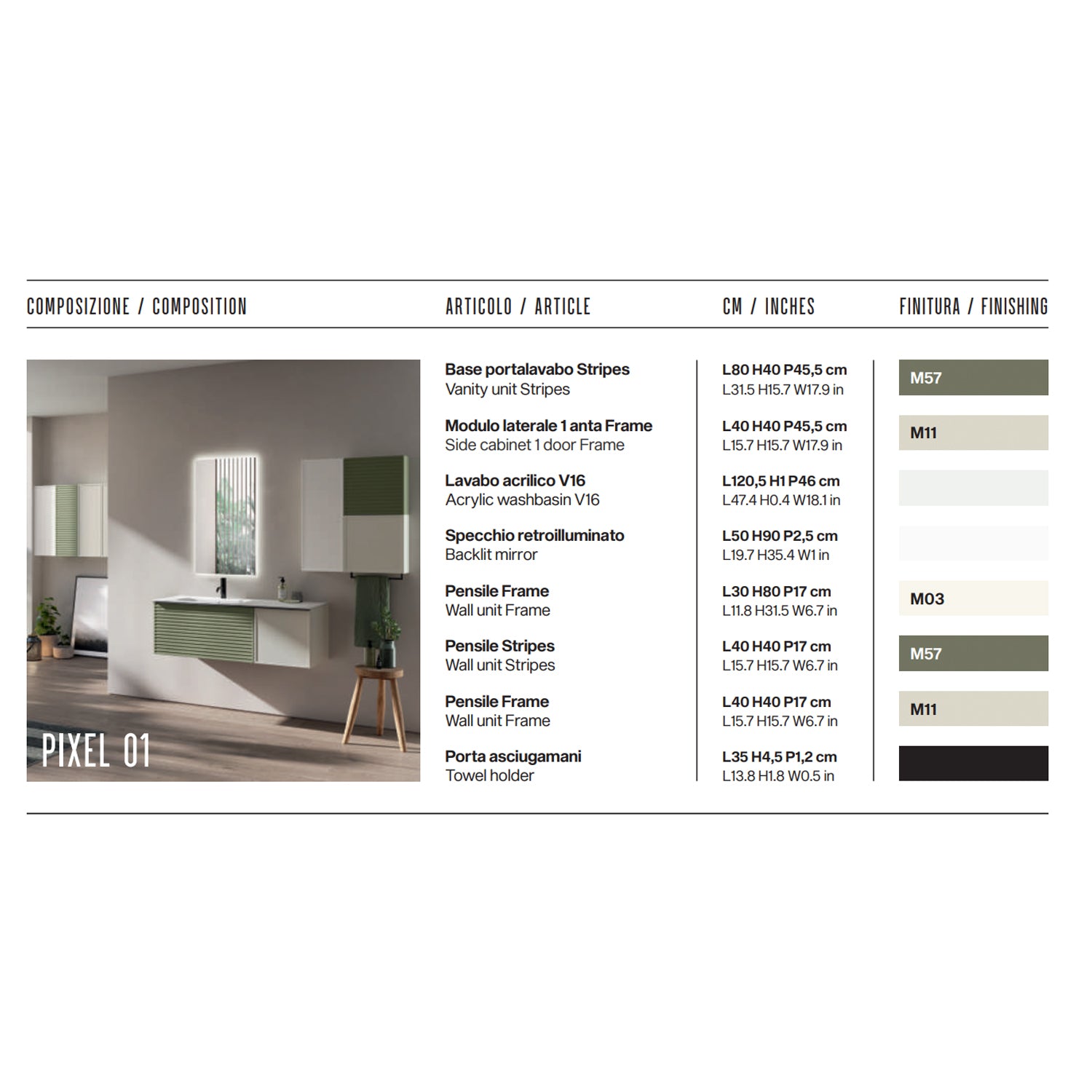 Composizione bagno sospesa con lavabo, specchio e pensili 120+70x200hx46 cm PIX1 by CeramicStore | Lo specialista del tuo bagno