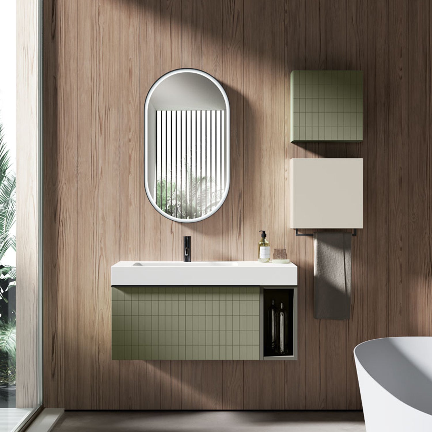 Composizione bagno sospesa con lavabo, specchio e pensili 100+40x200hx46 cm PIX2 by CeramicStore | Lo specialista del tuo bagno