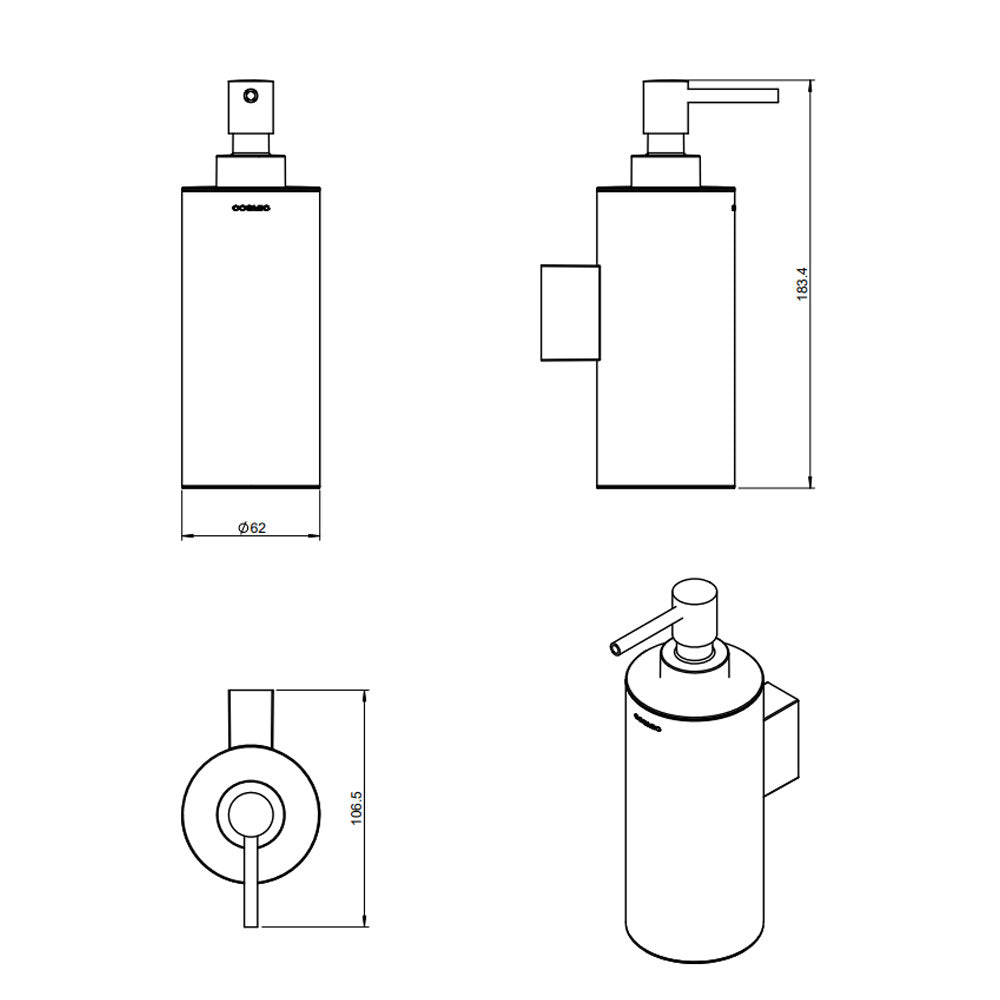 Dispenser sapone a muro in ottone cromato della collezione 'Architect' by Cosmic by CeramicStore | Lo specialista del tuo bagno