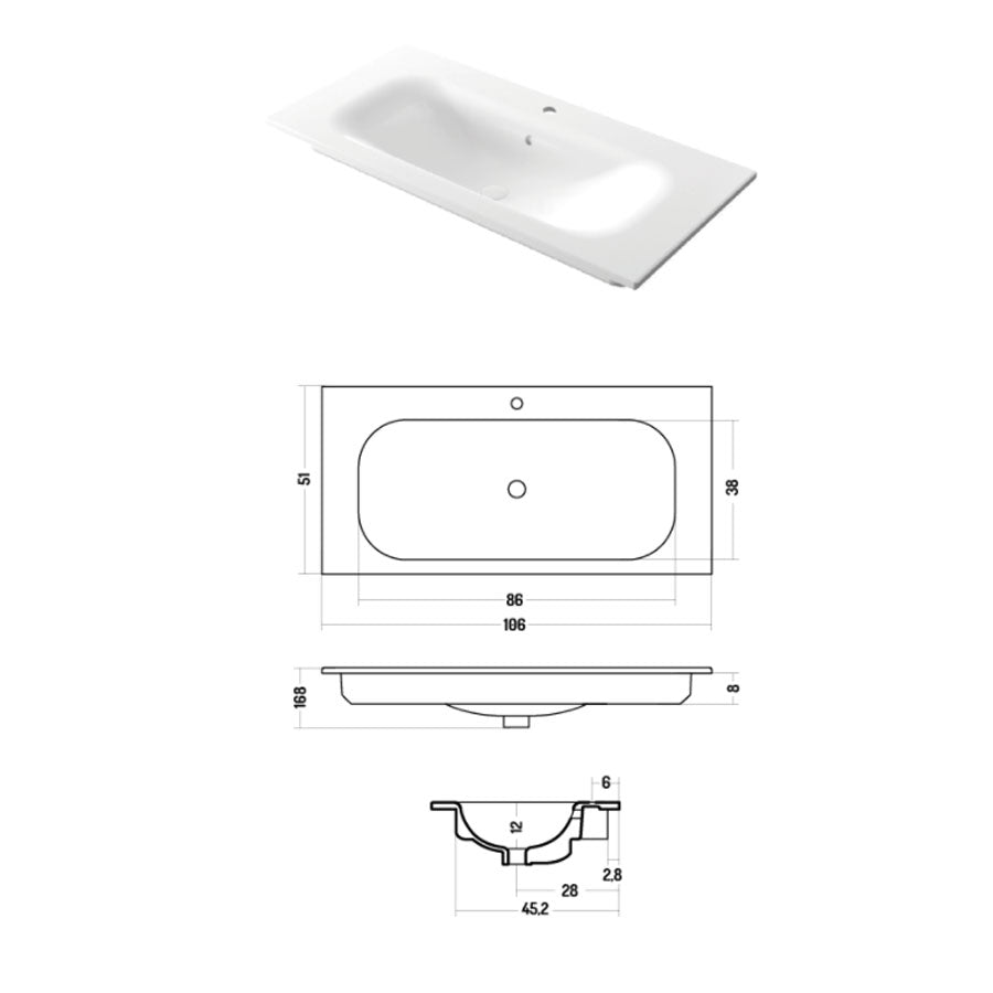 Lavabo da incasso rettangolare in ceramica bianca lucida 106x51cm serie Soft Disegno-Ceramica by CeramicStore | Lo specialista del tuo bagno