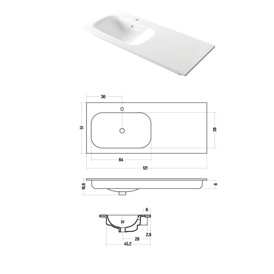 Lavabo da incasso con piano appoggio sulla destra in ceramica bianca lucida 106x51cm serie Soft Disegno-Ceramica by CeramicStore | Lo specialista del tuo bagno