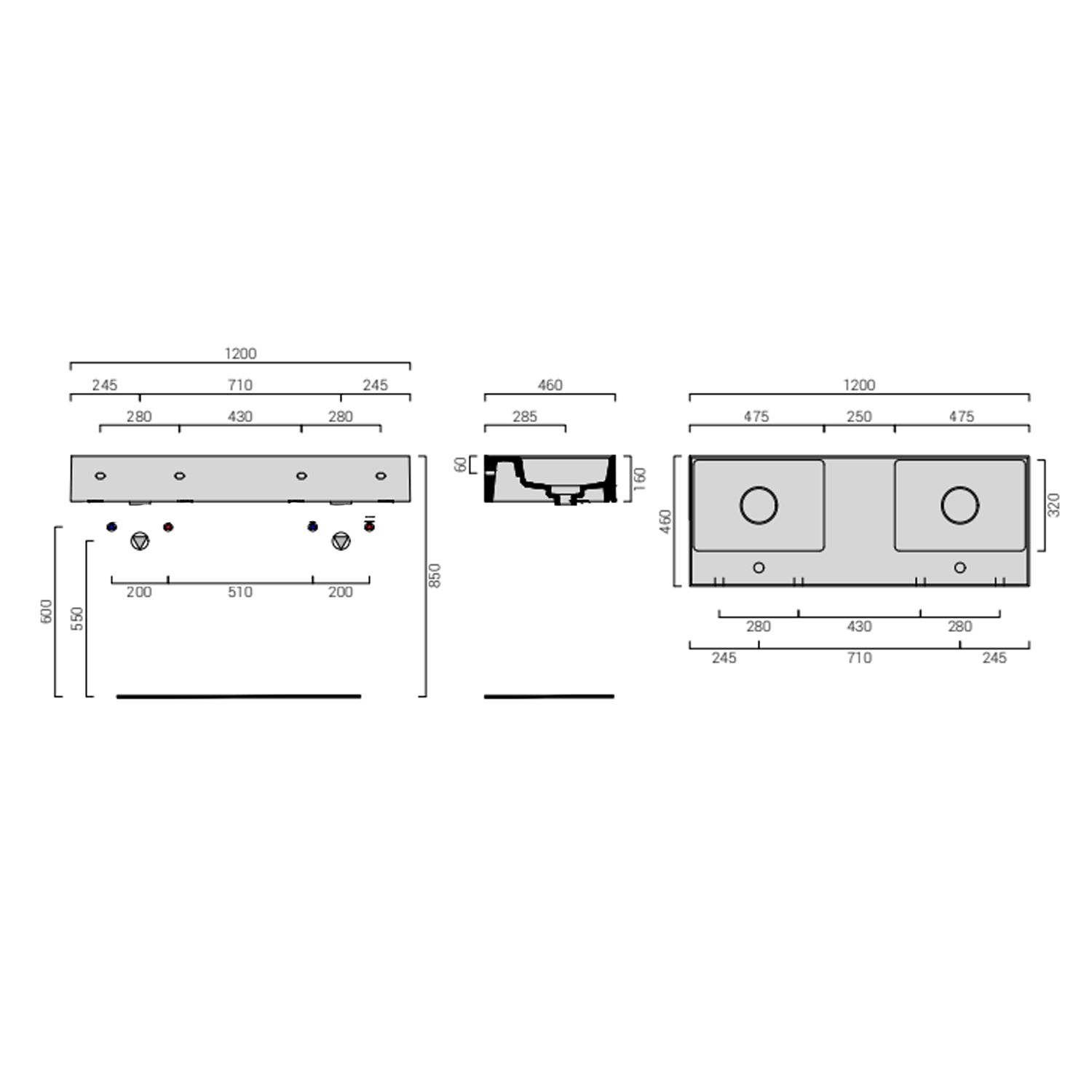 Lavabo lavatrucco doppia vasca Domus Falerii 120x46 cm installazione sospesa o da appoggio by CeramicStore | Lo specialista del tuo bagno