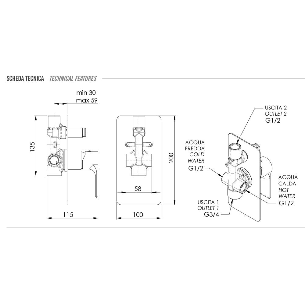 Miscelatore Monocomando doccia con Deviatore completo di corpo incasso e piastra lusso rettangolare collezione Energy di Remer Rubinetterie by CeramicStore | Lo specialista del tuo bagno