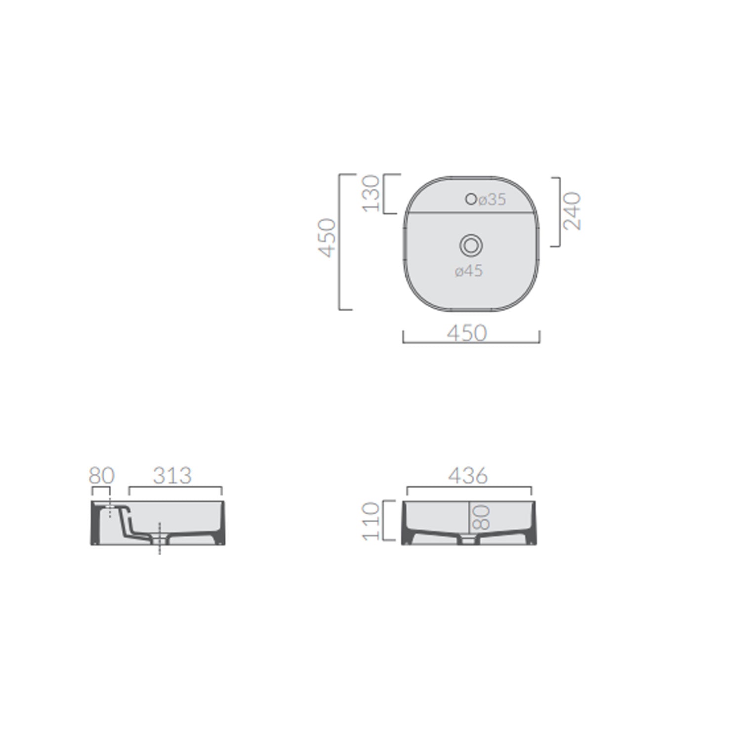 Lavabo da appoggio con angoli stondati serie Smart-B di Ceramica Galassia - Bianco matt 45cm