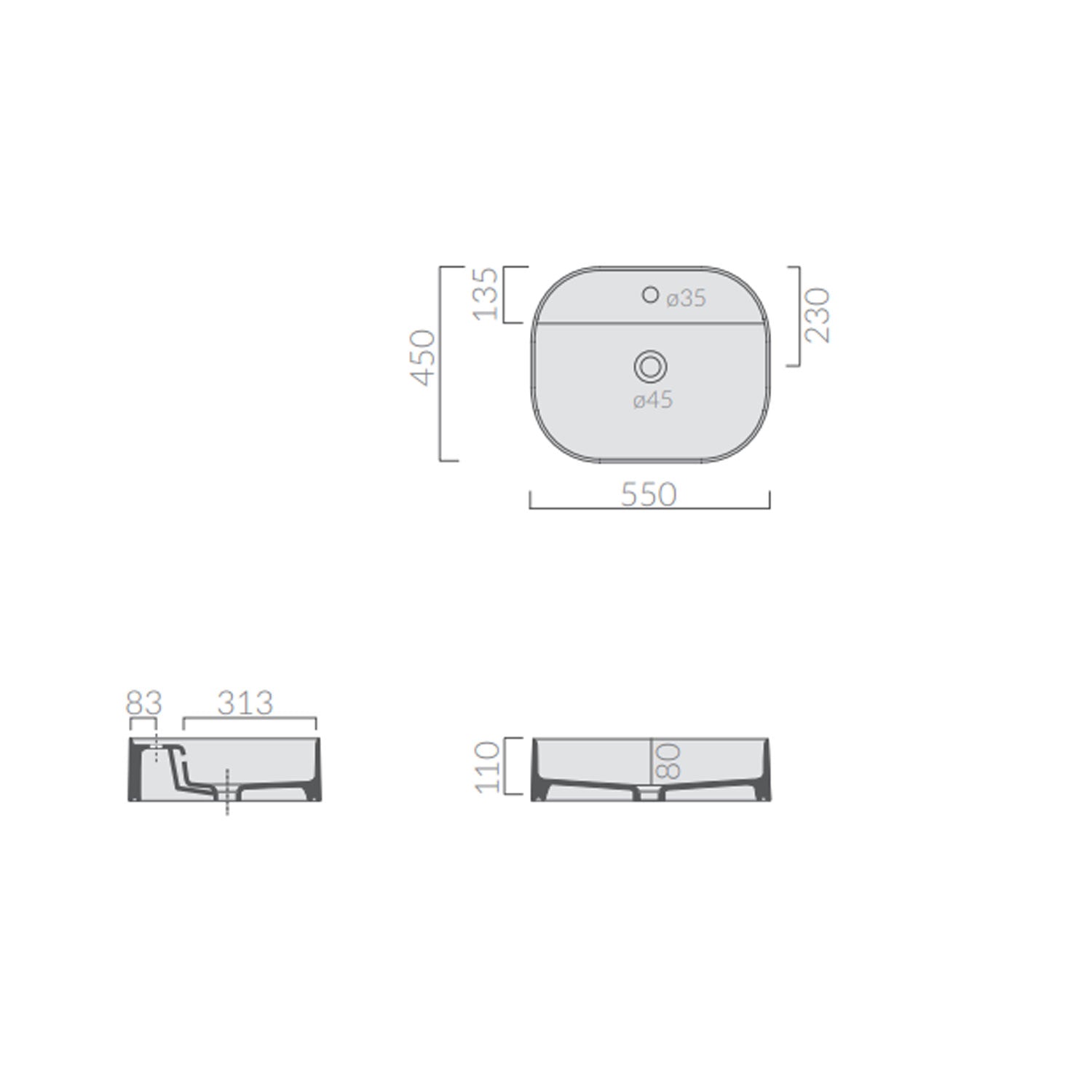 Lavabo da appoggio rettangolare con angoli stondati serie Smart-B di Ceramica Galassia - Bianco matt 55x45cm
