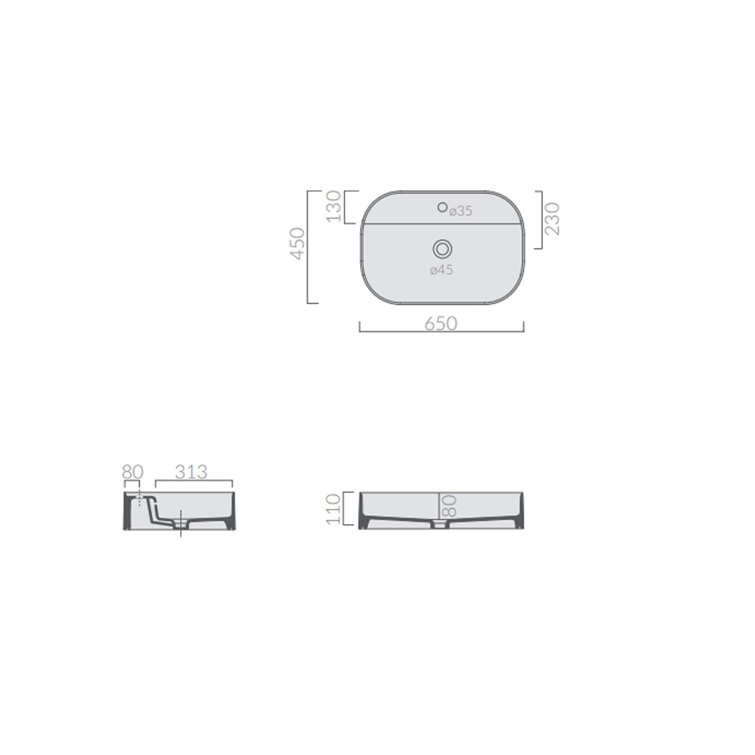 Lavabo da appoggio rettangolare con angoli stondati serie Smart-B di Ceramica Galassia - Bianco matt 65x45cm