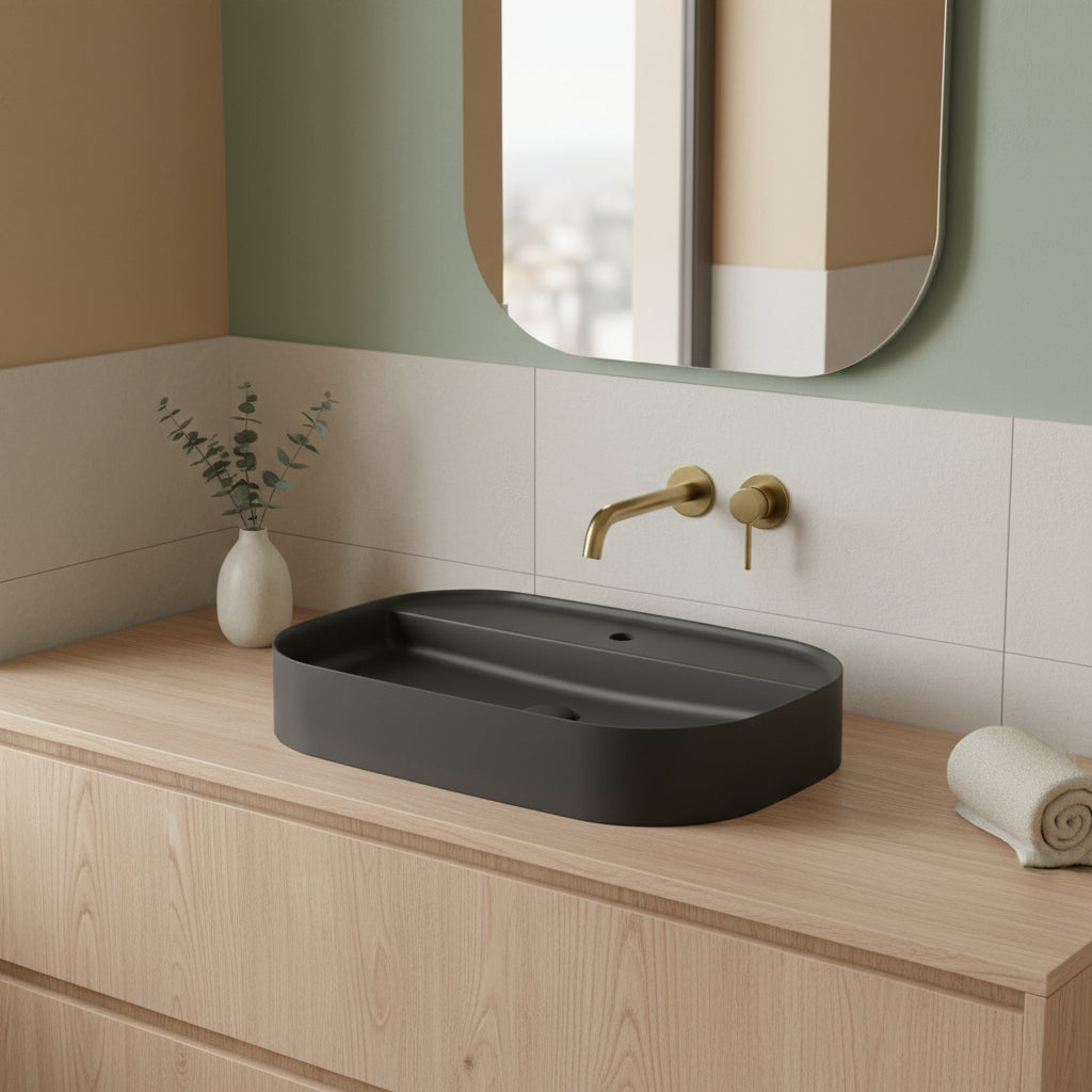 Lavabo da appoggio rettangolare con angoli stondati serie Smart-B di Ceramica Galassia - Nero matt 65x45cm