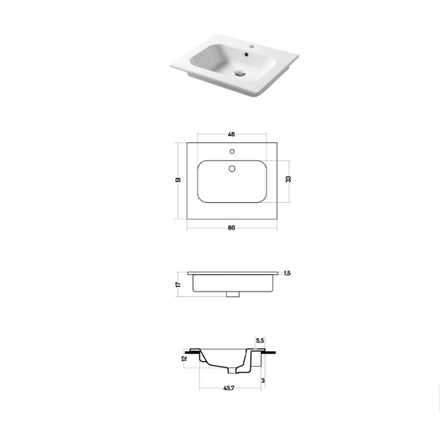 Lavabo a consolle in ceramica bianca lucida serie Qubo Square 51 Disegno-Ceramica 61cm by CeramicStore | Lo specialista del tuo bagno