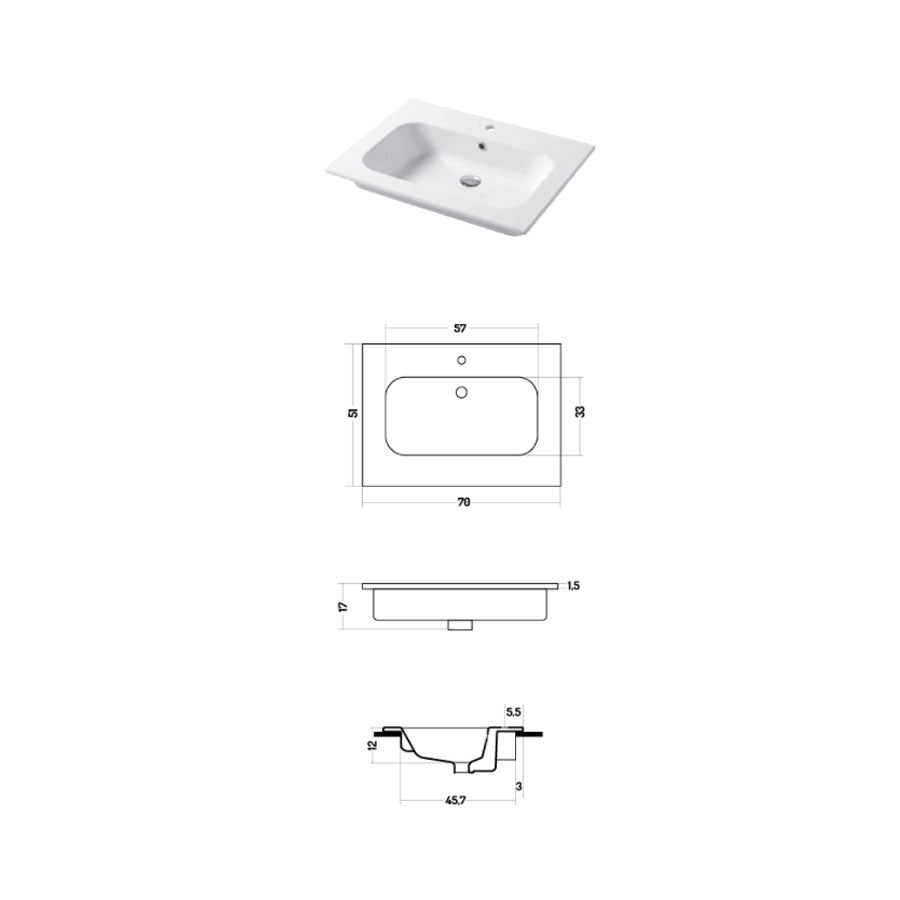 Lavabo a consolle in ceramica bianca lucida serie Qubo Square 51 Disegno-Ceramica 71cm by CeramicStore | Lo specialista del tuo bagno