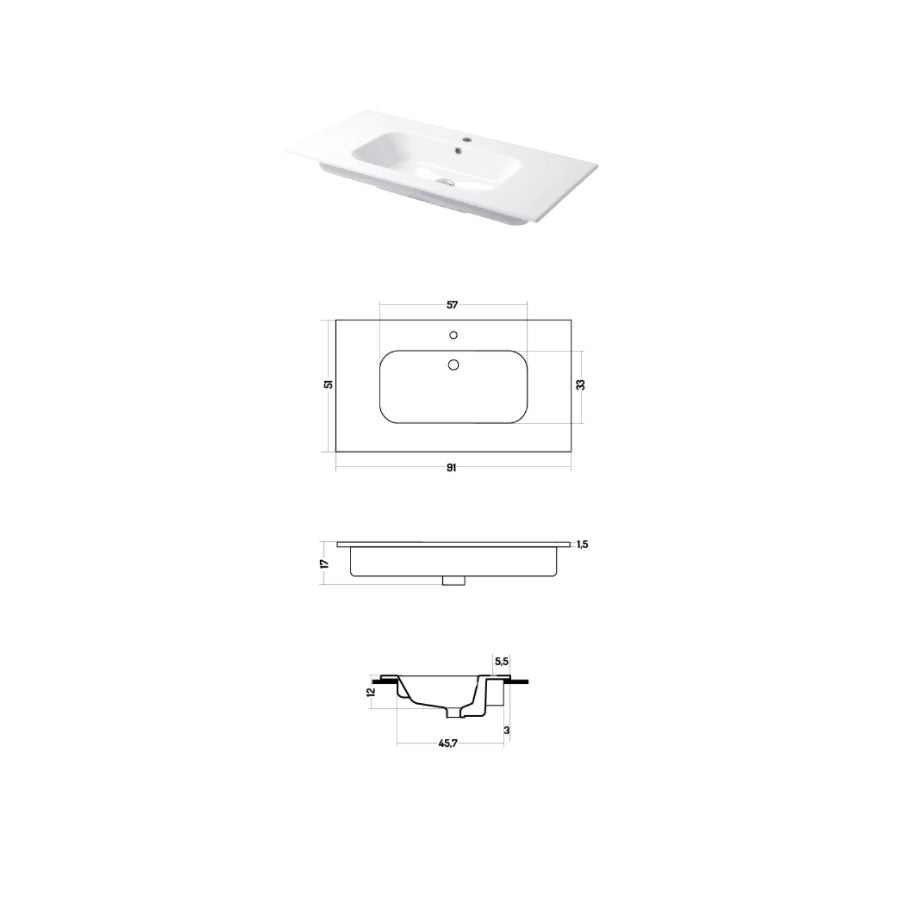 Lavabo a consolle in ceramica bianca lucida serie Qubo Square 51 Disegno-Ceramica 91cm by CeramicStore | Lo specialista del tuo bagno