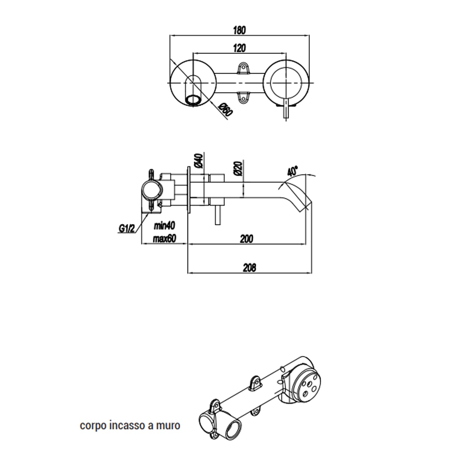Miscelatore monocomando lavabo murale RubiFlux serie Aria canna 20 cm - Acciaio Satinato by CeramicStore | Lo specialista del tuo bagno